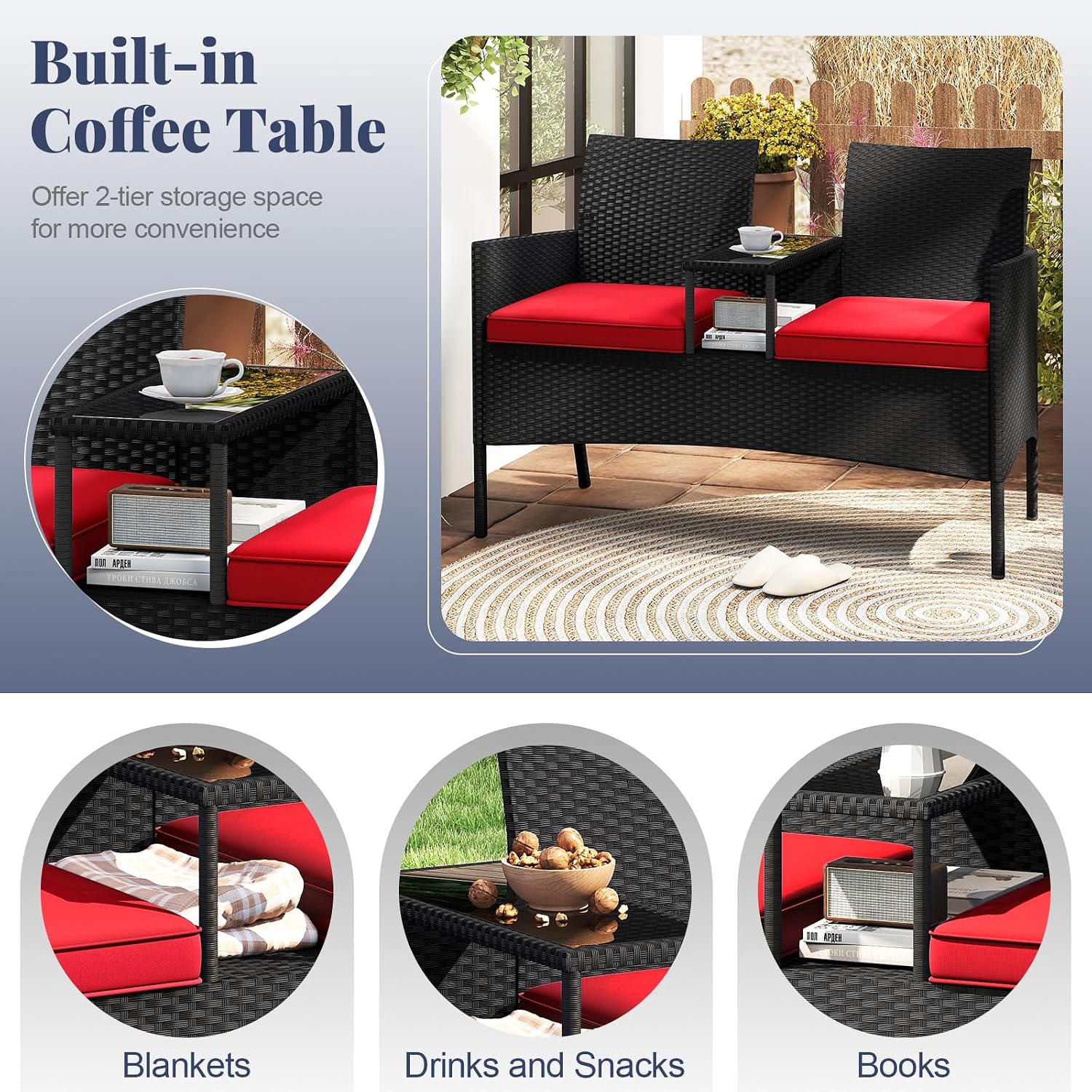 Tangkula Patio Loveseat with Built-in Table, Wicker 2-Seat Furniture with Soft Cushions & Tempered Glass Tabletop, Metal Frame Outdoor Conversation Seating Bench for Backyard, Porch