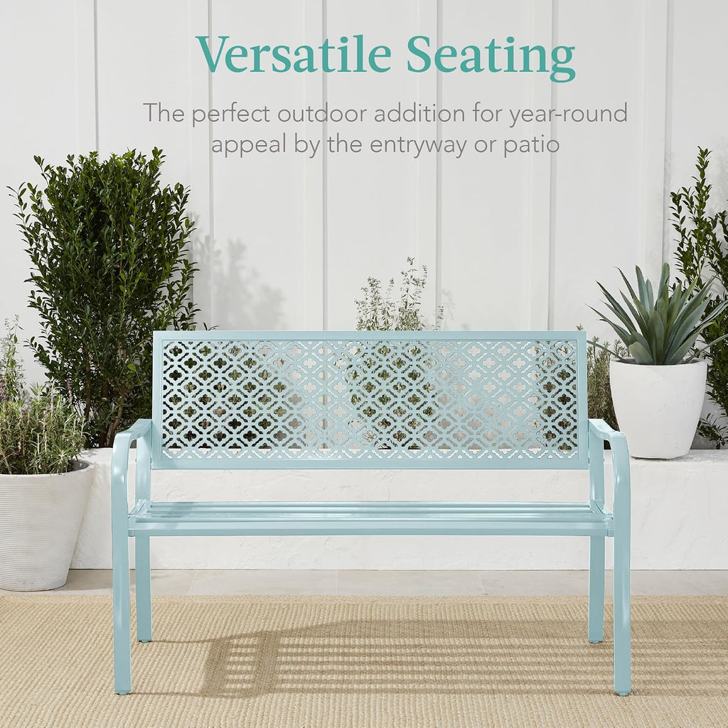 Best Choice Products Outdoor Bench 2-Person Metal Steel Benches Furniture for Garden, Patio, Porch, Entryway w/Geometric Backrest, 790lb Capacity - Sky Blue