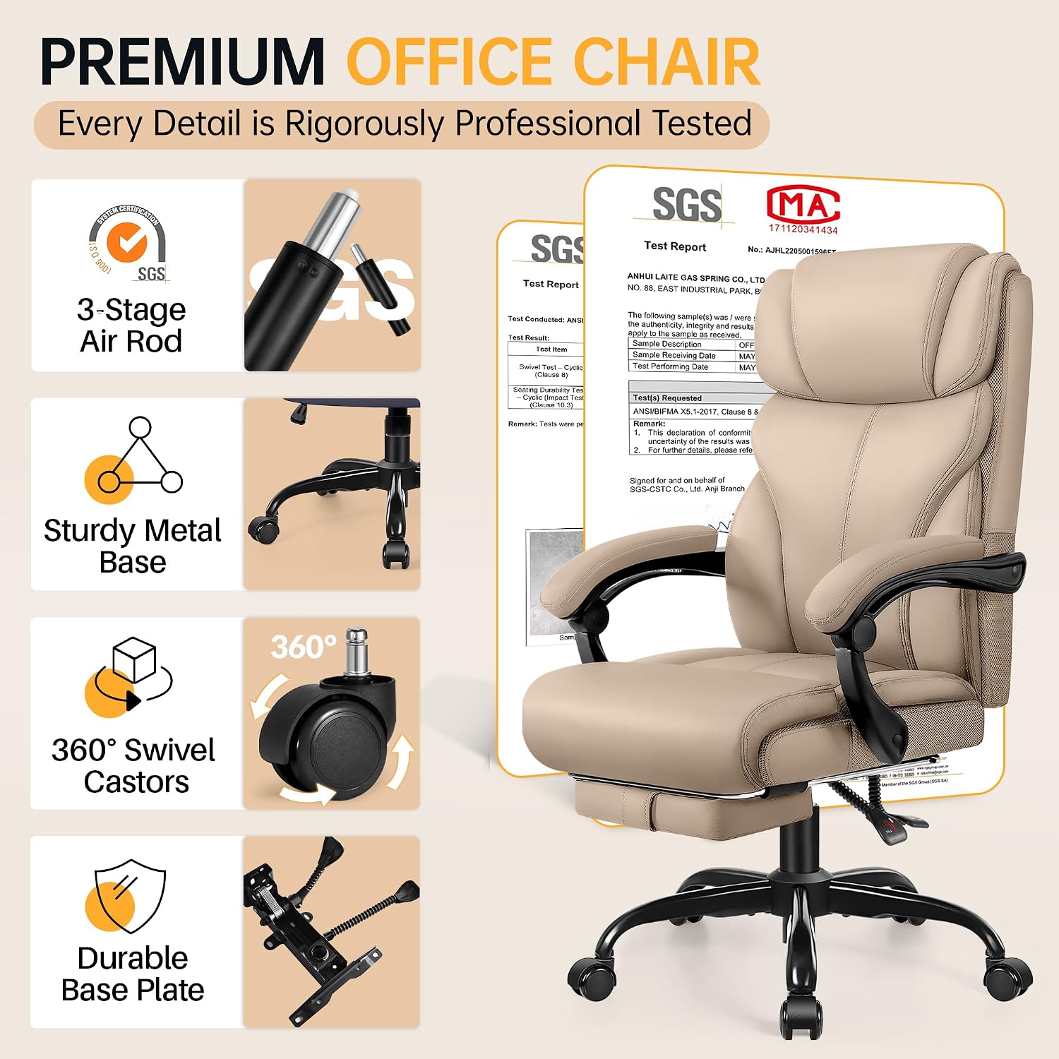 HeroSet Big and Tall Office Chair with Foot Rest, 400lbs Ergonomic Reclining High Back Executive Leather Chair, Lumbar Support Swivel Computer Desk Chairs for Heavy People Home Office Gaming(Khaki)