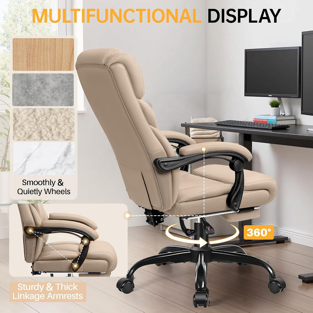 HeroSet Big and Tall Office Chair with Foot Rest, 400lbs Ergonomic Reclining High Back Executive Leather Chair, Lumbar Support Swivel Computer Desk Chairs for Heavy People Home Office Gaming(Khaki)
