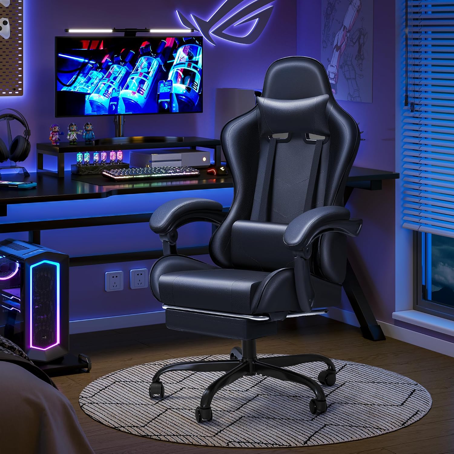 JUMMICO Gaming Chair Ergonomic Computer Chair with Footrest and Massage Lumbar Support, Height Adjustable Video Gaming Chair with 360° Swivel Seat and Headrest (Black)