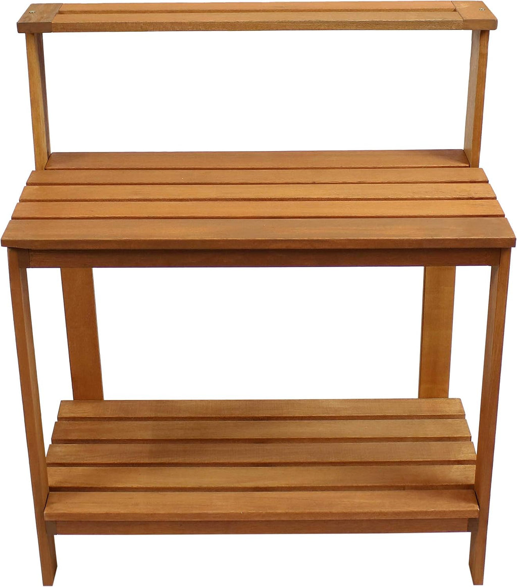 Sunnydaze 42-Inch Meranti Wood Outdoor Potting Bench with Storage Shelf - Teak Oil Finish