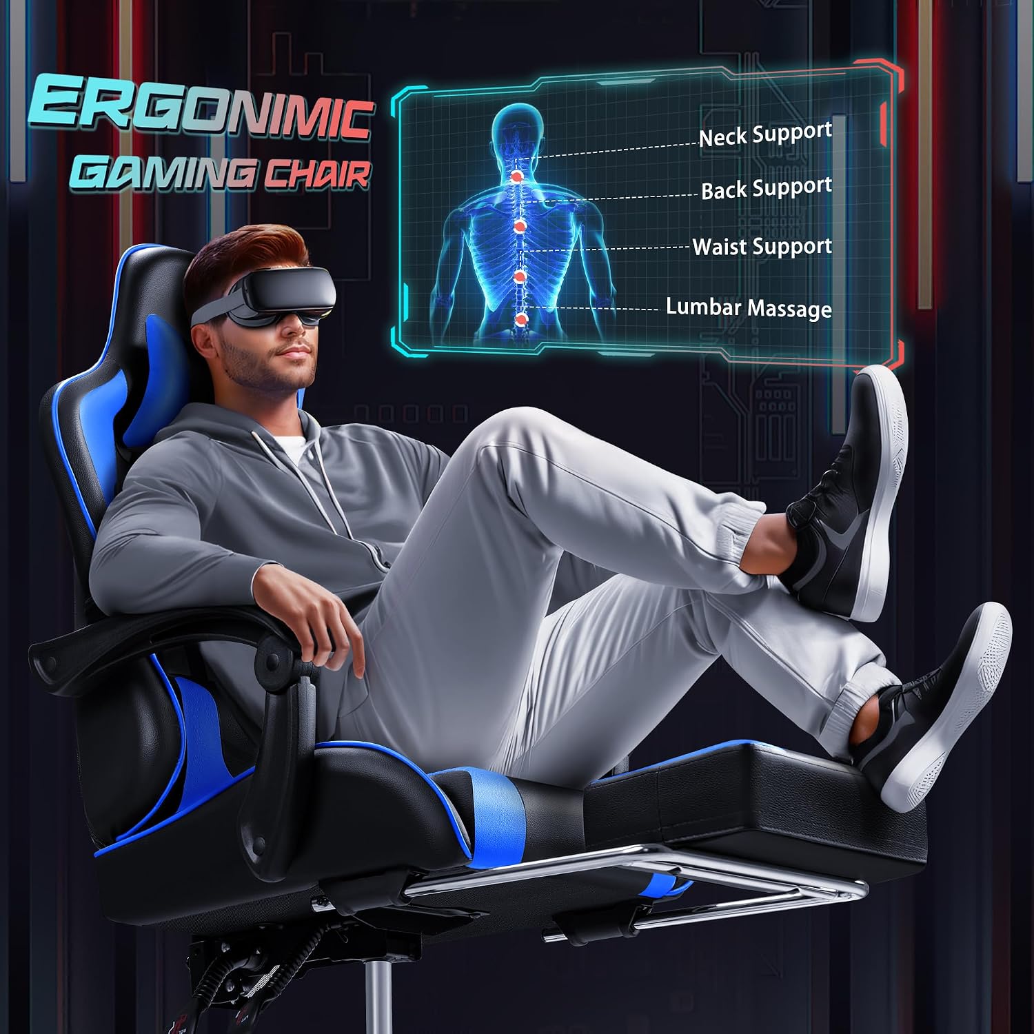 JUMMICO Gaming Chair Ergonomic Computer Chair with Footrest and Massage Lumbar Support, Height Adjustable Video Gaming Chair with 360° Swivel Seat and Headrest (Blue)