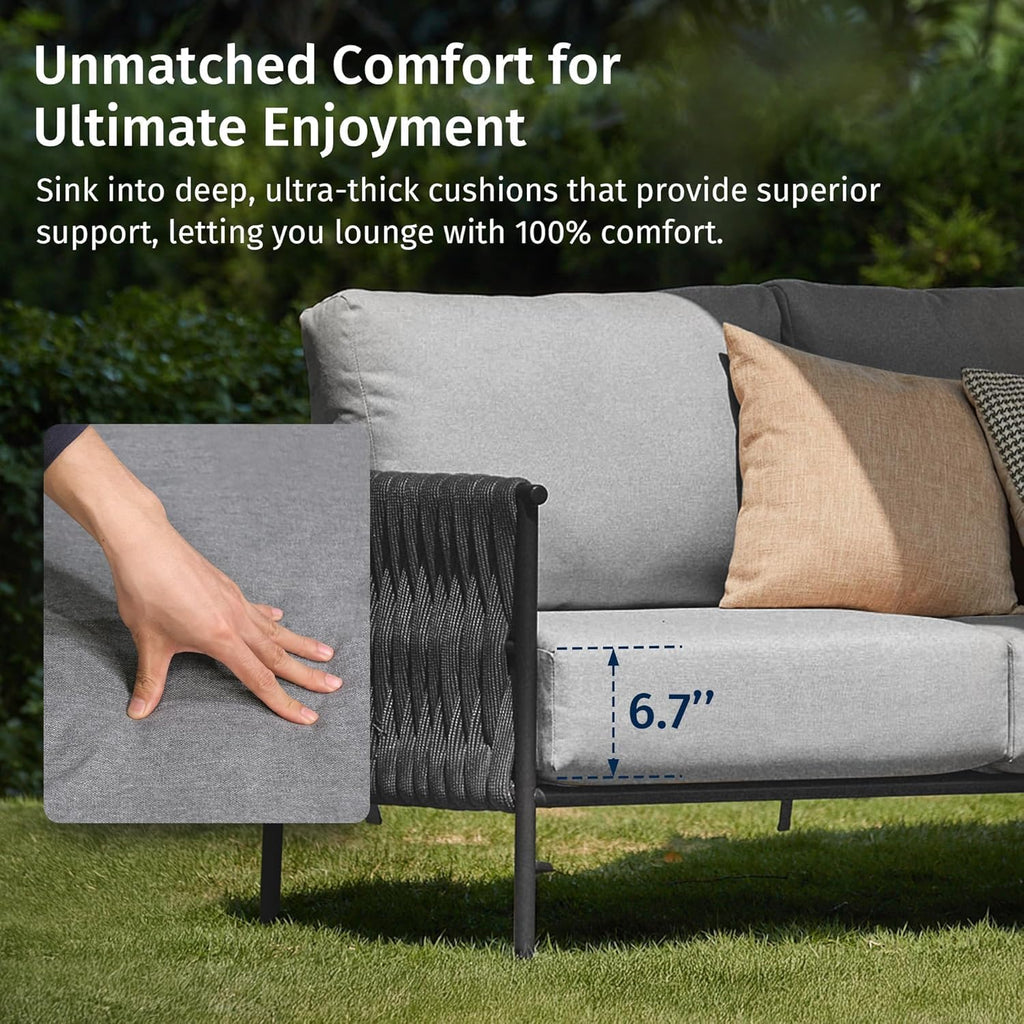 EAST OAK Life Chatter Patio Furniture Set 5 Pieces, Outdoor Furniture 5-Seat Sofa with Two Round Coffee Table, Waterproof Thick Cushion Deep Seating for Porch, Balcony, Earth Black & Misty Grey