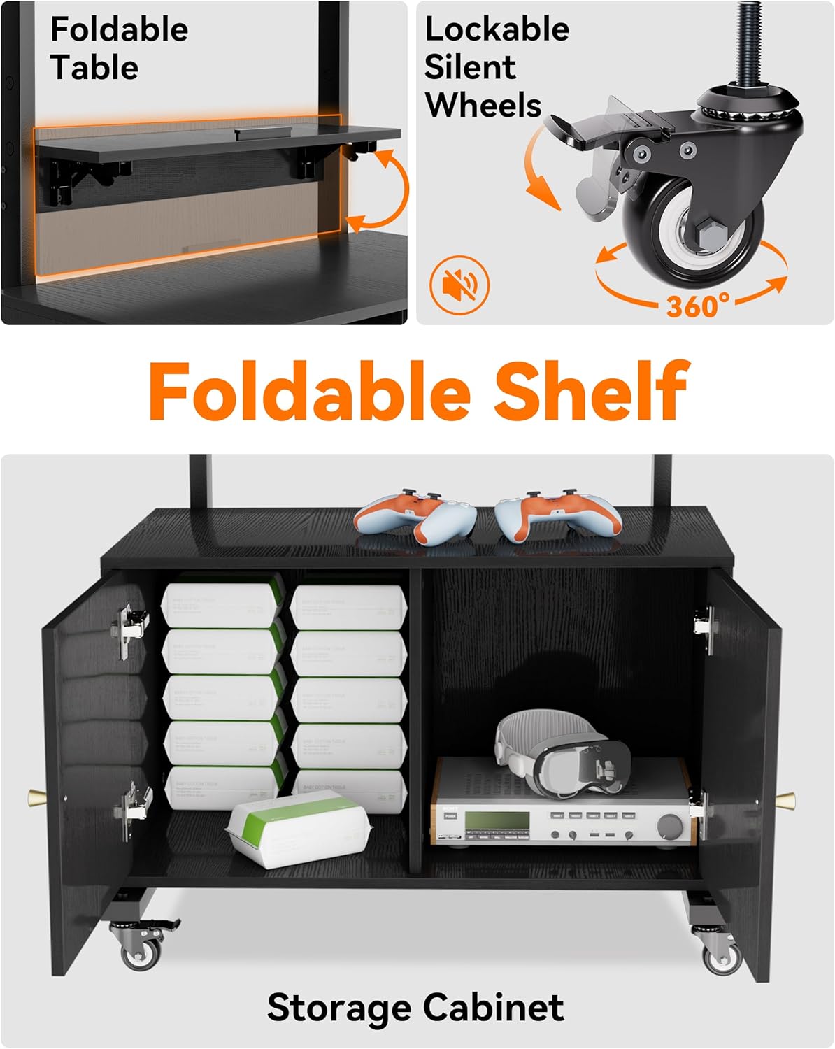 Rolling TV Stand with TV Mount,TV Floor Stand with Storage Cabinet for 32-75in Screen,Mobile TV Stand on Wheels with Foldable Table,Height Adjustable,Entertainment Center for Outdoor and Living Room
