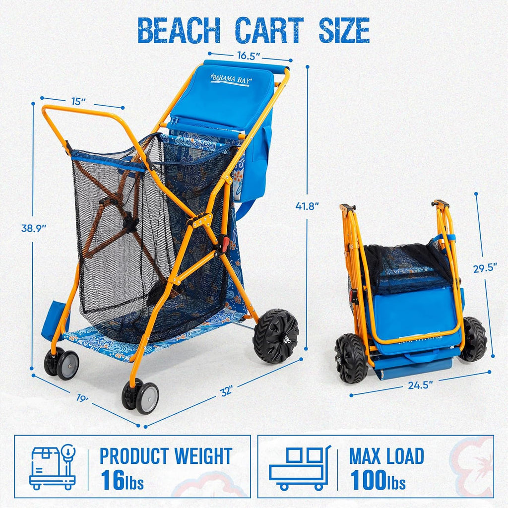 Old Bahama Bay Heavy-Duty Beach Cart with 100 lbs Capacity - Foldable Beach Wagon with Removable 20L Cooler Bag, Sand Chair Holder, Umbrella Stand & Large Mesh Basket for Beach, Camping, Picnic
