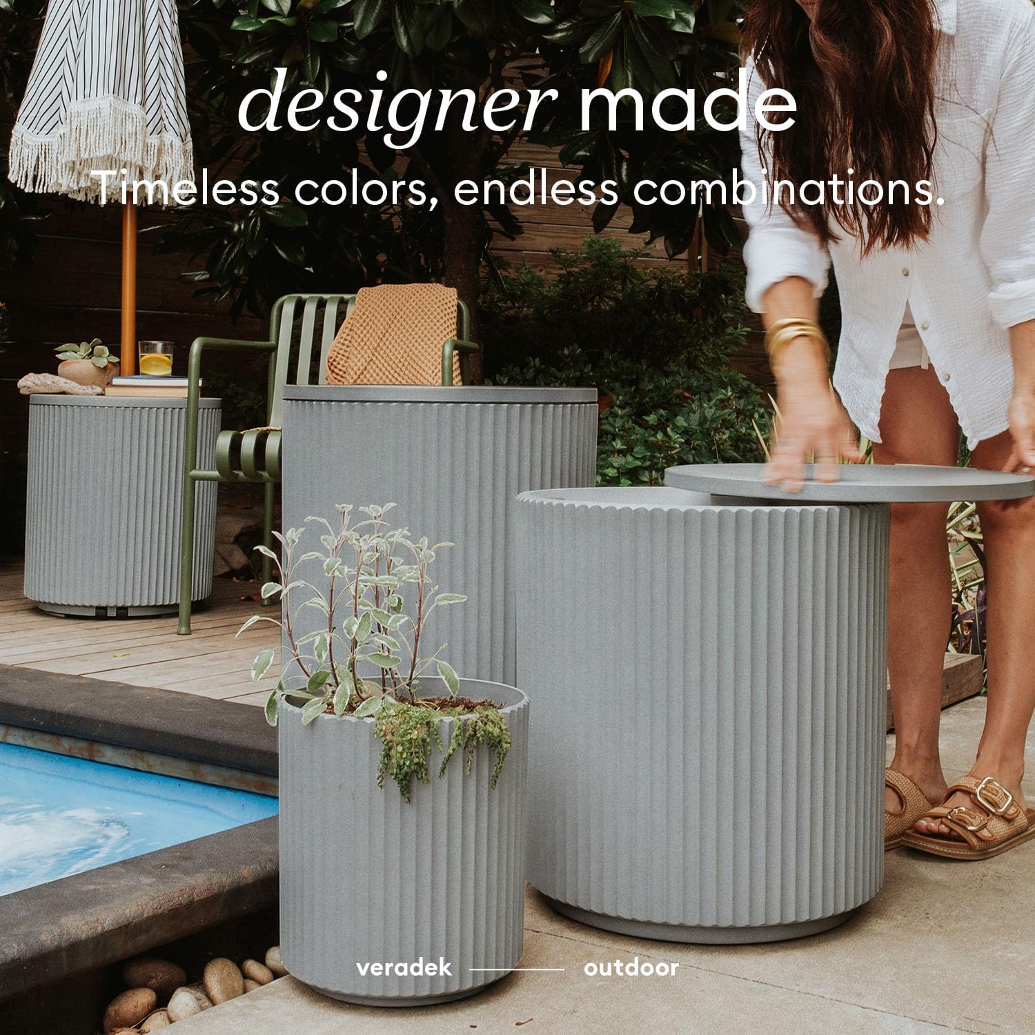 Veradek 21in Outdoor Cooler Side Table, Modern, Stone-Plastic Composite, Gray, Weather Resistant, Made in Canada