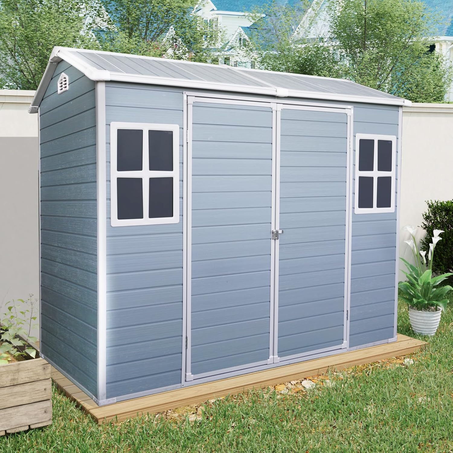 KUIKUI 8x4ft Shed with Floor Included, Plastic Storage Sheds with 2 Windows and Lockable Door, Backyard Storage Sheds for Garden Tools, Bike, Grey