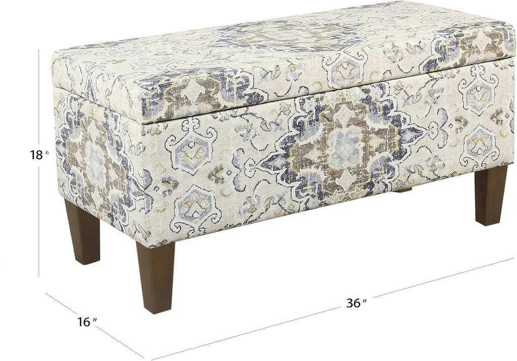 HomePop Ottomon Upholstered Rectangular Storage Ottoman Bench with Hinged Lid, Antiqued Medallion Print Ebony and Cream