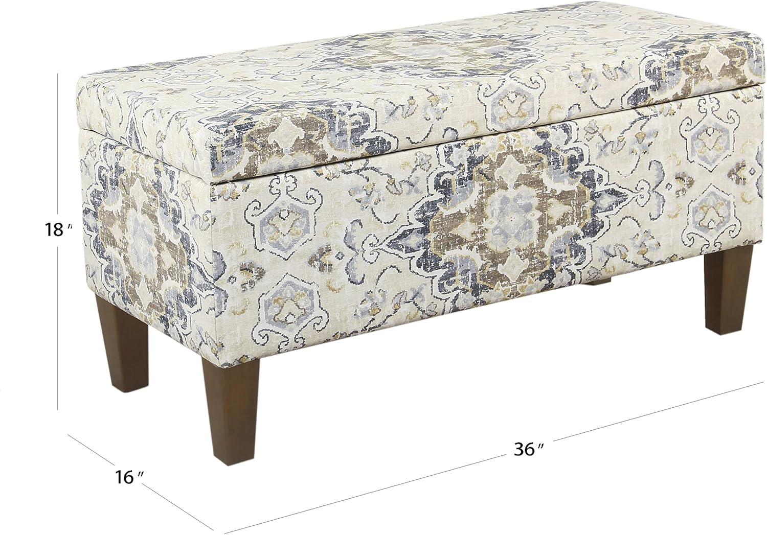HomePop Ottomon Upholstered Rectangular Storage Ottoman Bench with Hinged Lid, Antiqued Medallion Print Ebony and Cream