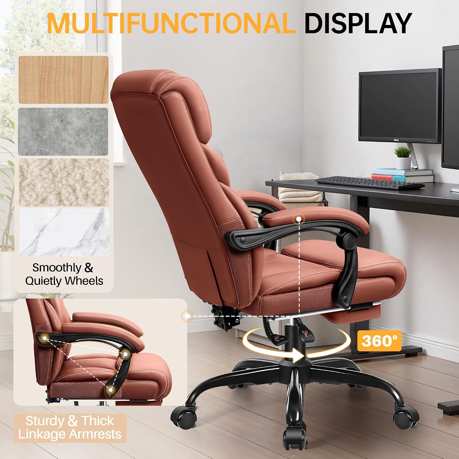 HeroSet Big and Tall Office Chair with Foot Rest, 400lbs Ergonomic Reclining High Back Executive Leather Chair, Lumbar Support Swivel Computer Desk Chairs for Heavy People Home Office Gaming(Brown)