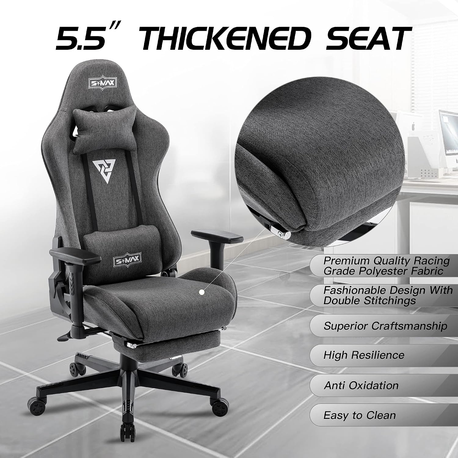 S*MAX Fabric Gaming Chair with Footrest Thicken Seat Ergonomic Gaming Chair with 3D Armrest Breathable Fabric Gamer Chairs for Adults Headrest Lumbar Support Gaming Chairs for Adults Grey