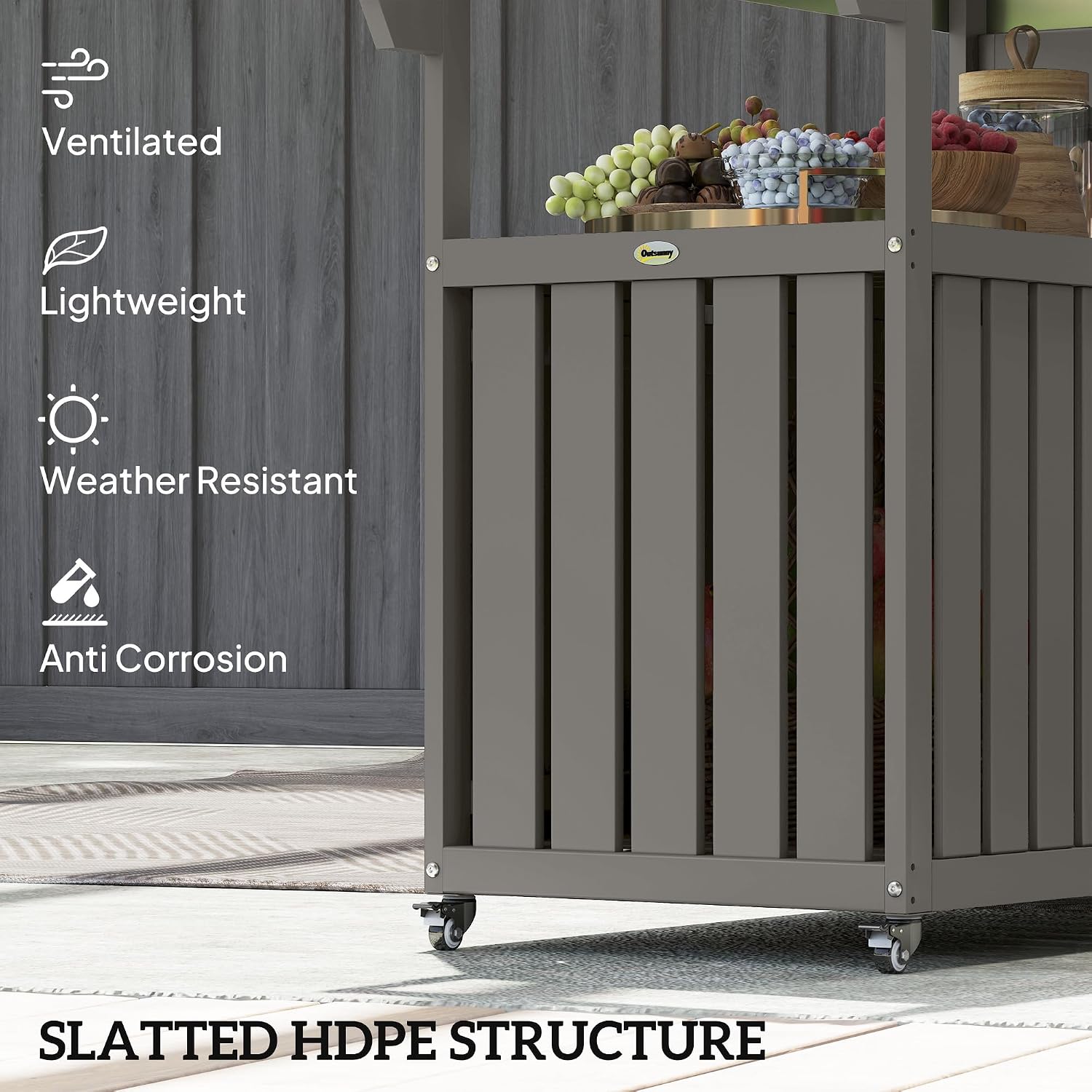 Outsunny Outdoor Bar Cart with Storage Cabinet, Stainless Steel Top Kitchen Island on Wheels, HDPE Outdoor Bar Table, Movable Patio Beverage Food Prep Table for BBQ Picnic, Dark Gray