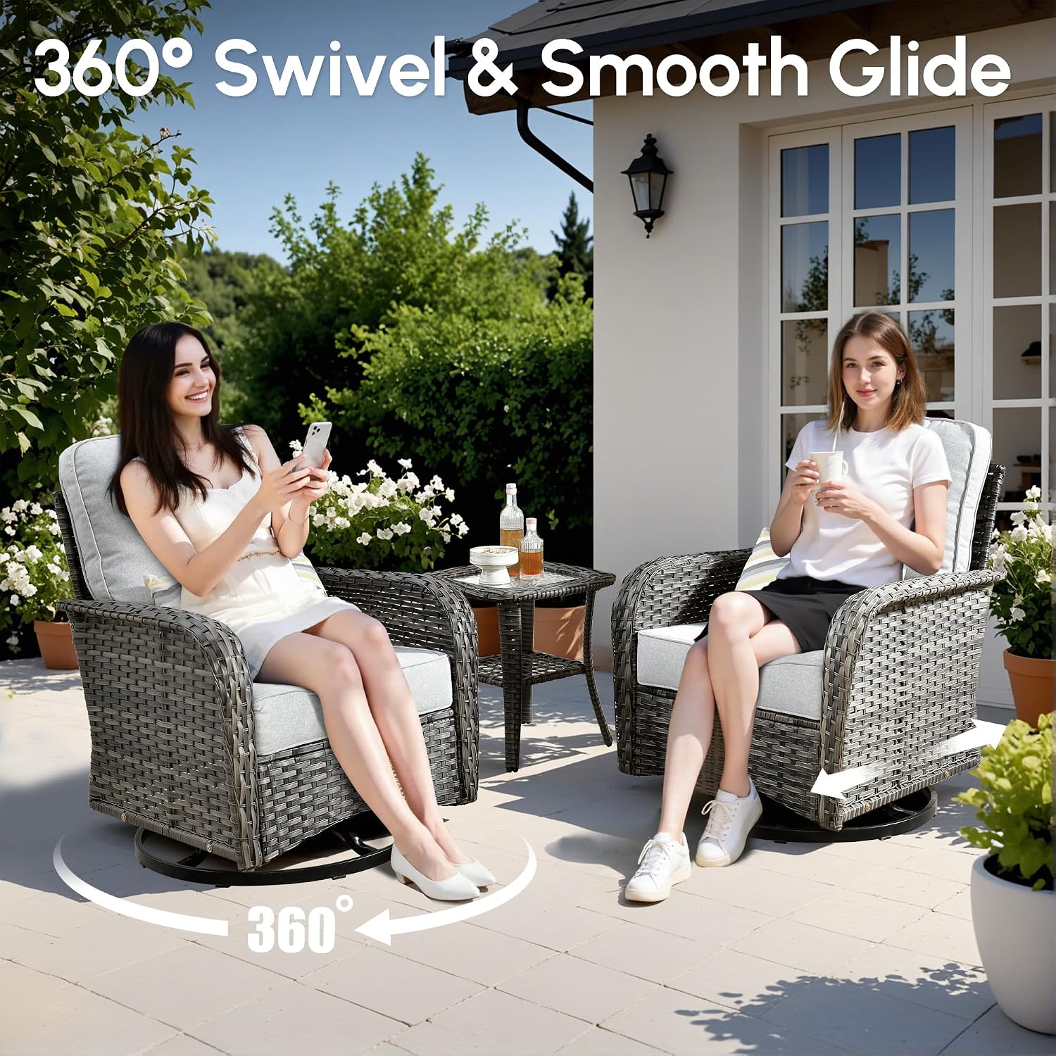 Wicker Rocking Chair Swivel Chairs - 3 Piece Rocker Glider Patio Chairs Set Rattan Rocking Chair for Outdoor Porch Deck Garden Backyard,Grey