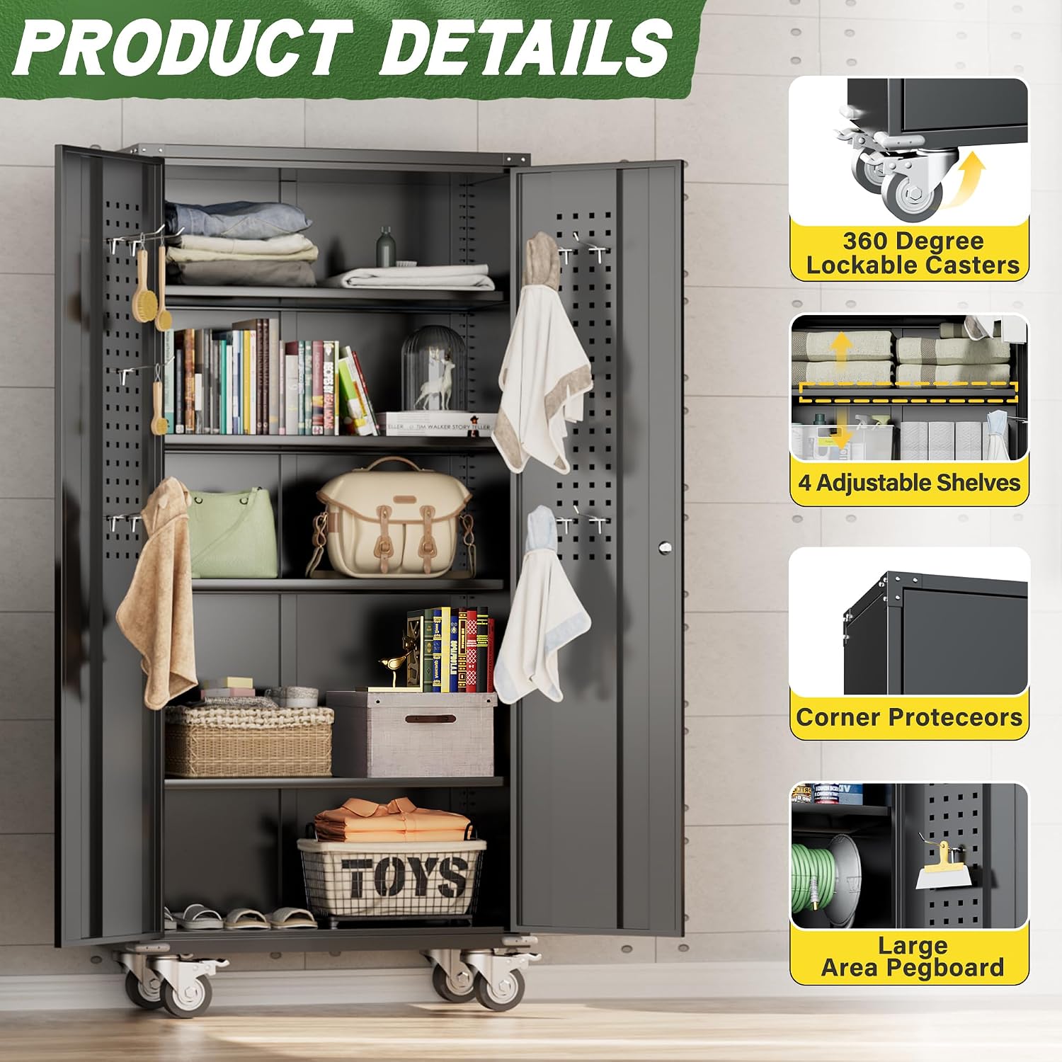 Greenvelly Metal Storage Cabinet with Wheels, 72' Black Garage Rolling Cabinet with Doors and 4 Shelves, Steel Locking Cabinets Tall Tool Lockable Storage Cabinets for Basement, Pantry, Home Office