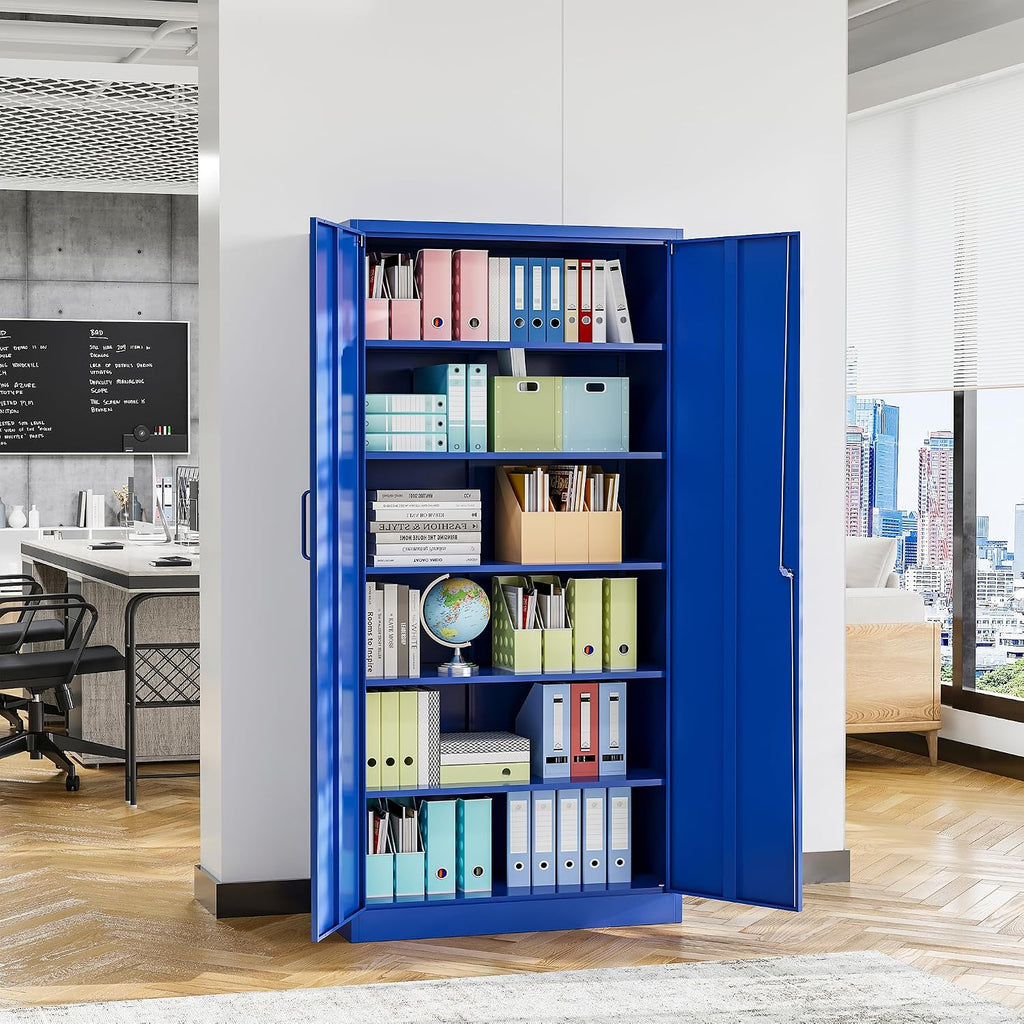 STANI Metal Garage Storage Cabinet with Lock, 71' Steel Lockable File Cabinet, Locking Steel Storage Cabinet with 5 Adjustable Shelves for Home, Office, Garage, Warehouse (Blue, 2 Door - 71' H)