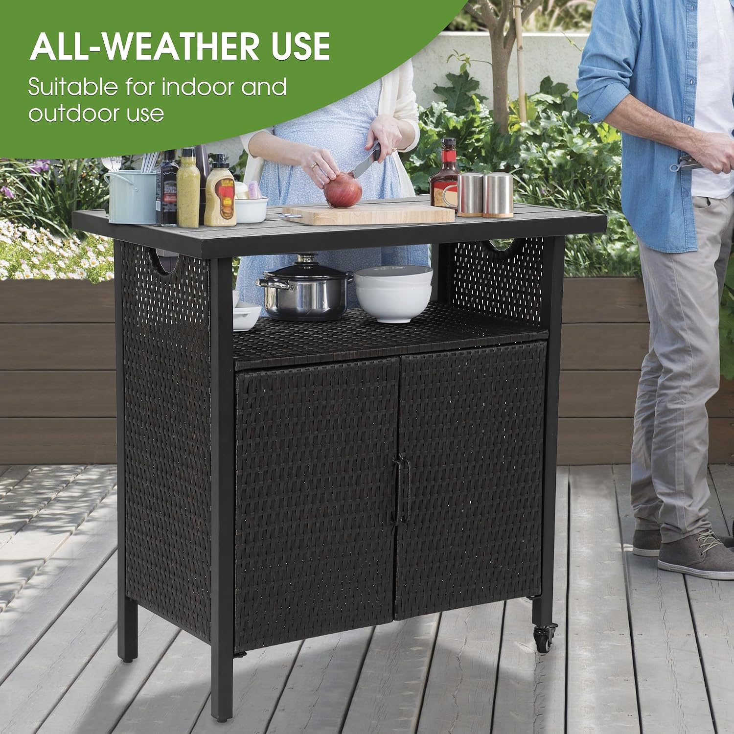HOMEFUN Outdoor Bar Table Featuring Storage Cabinet: Wheeled Patio Serving Carts, Wicker Grill Cart Prep Station & Rolling Kitchen Island for Patio, Backyard and Outside Use, in Black
