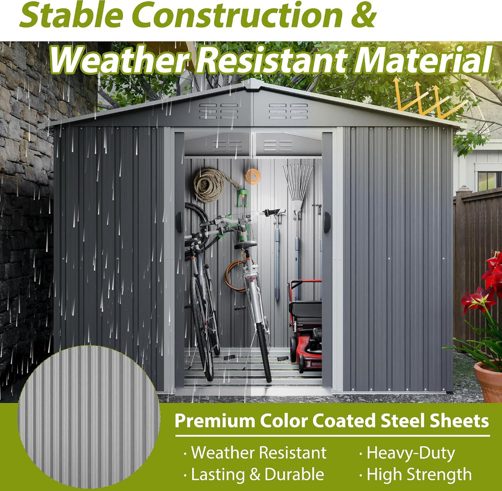 10x8 ft Outdoor Storage shed All Weather Metal Garden shed with Lockable Double Doors Tool Storage for Backyard Patio Lawn and Garden Organization Large Capacity (8x6 ft with Floor Frame)