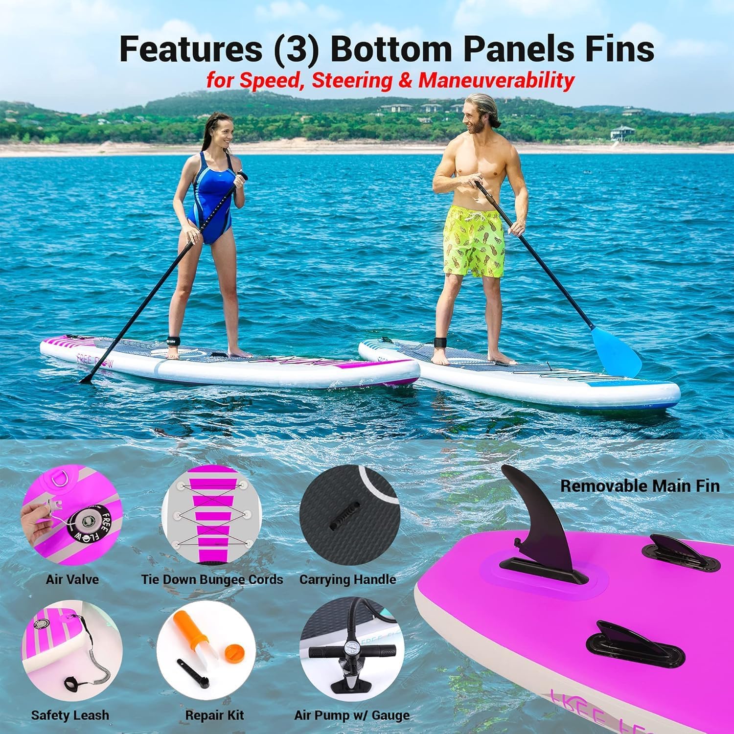 SereneLife 10' Inflatable Stand Up Paddle Board 2-Pack with Premium SUP Accessories – 32' Wide Stable Design with Non-Slip EVA Deck Pad for Youth and Adults, 350 lbs. Capacity Each