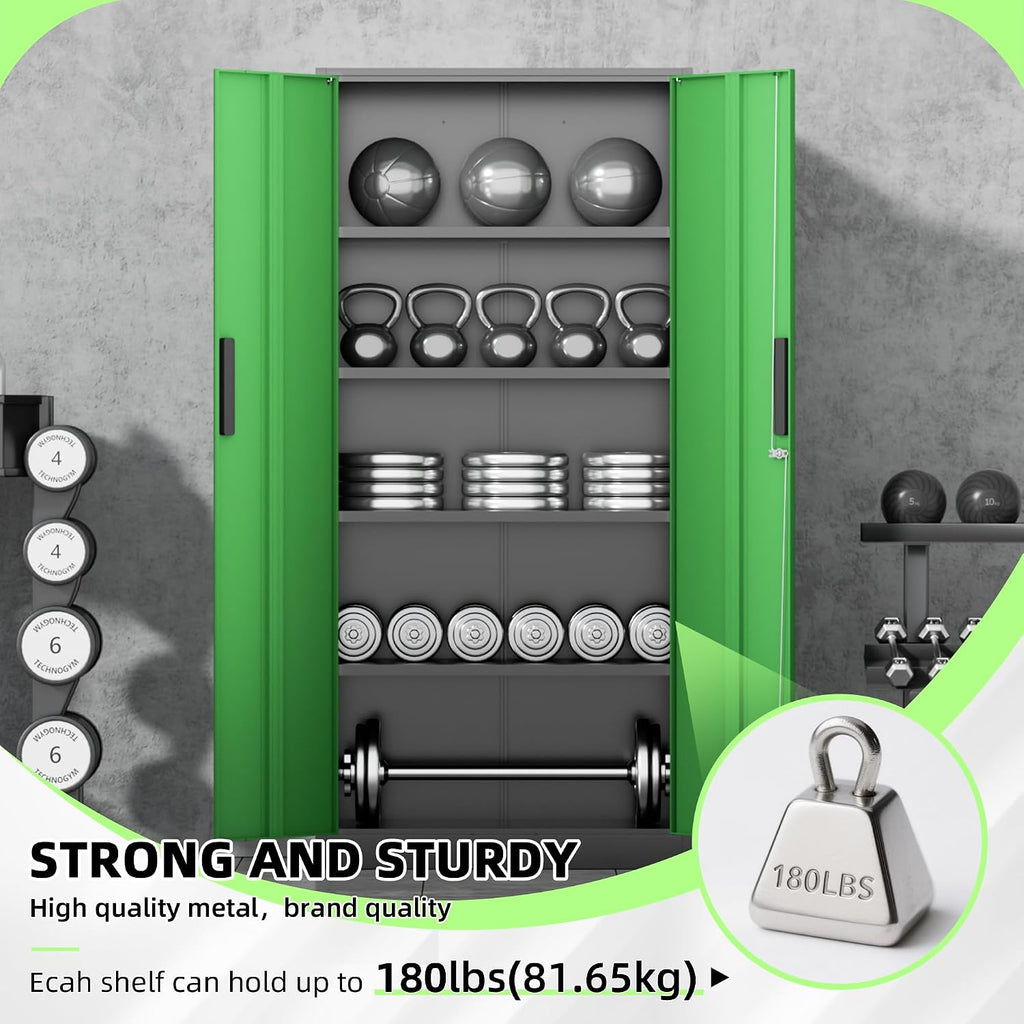 INTERGREAT Metal Storage Cabinet, 72' Locking Steel Cabinets with 2 Door and 4 Adjustable Shelves, Tall Metal Cabinet for Home Office, Garage, Warehouse,(Black+Green)