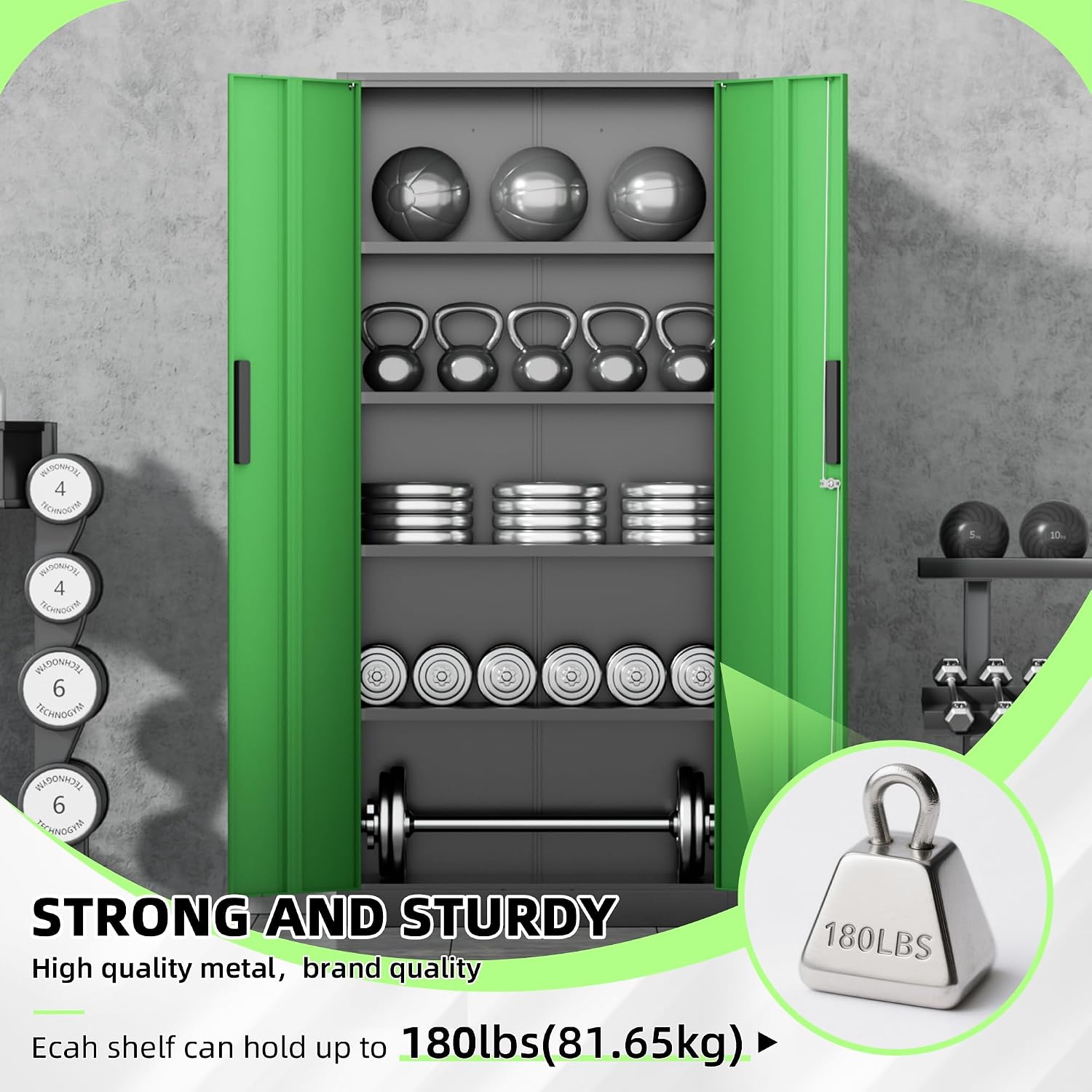 INTERGREAT Metal Storage Cabinet, 72' Locking Steel Cabinets with 2 Door and 4 Adjustable Shelves, Tall Metal Cabinet for Home Office, Garage, Warehouse,(Black+Green)