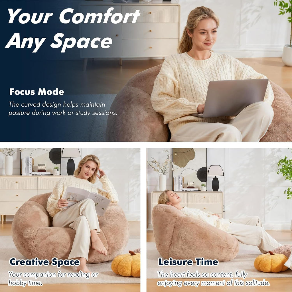 3.28 Feet Bean Bag Chair for Adults, Shell-Shaped Bean Bag Lazy Couch, Faux Fur Cloud Sofa Chair, Lounge Floor Sofa with Filler for Reading, Gaming & Watching, No Assembly Required (Camel)