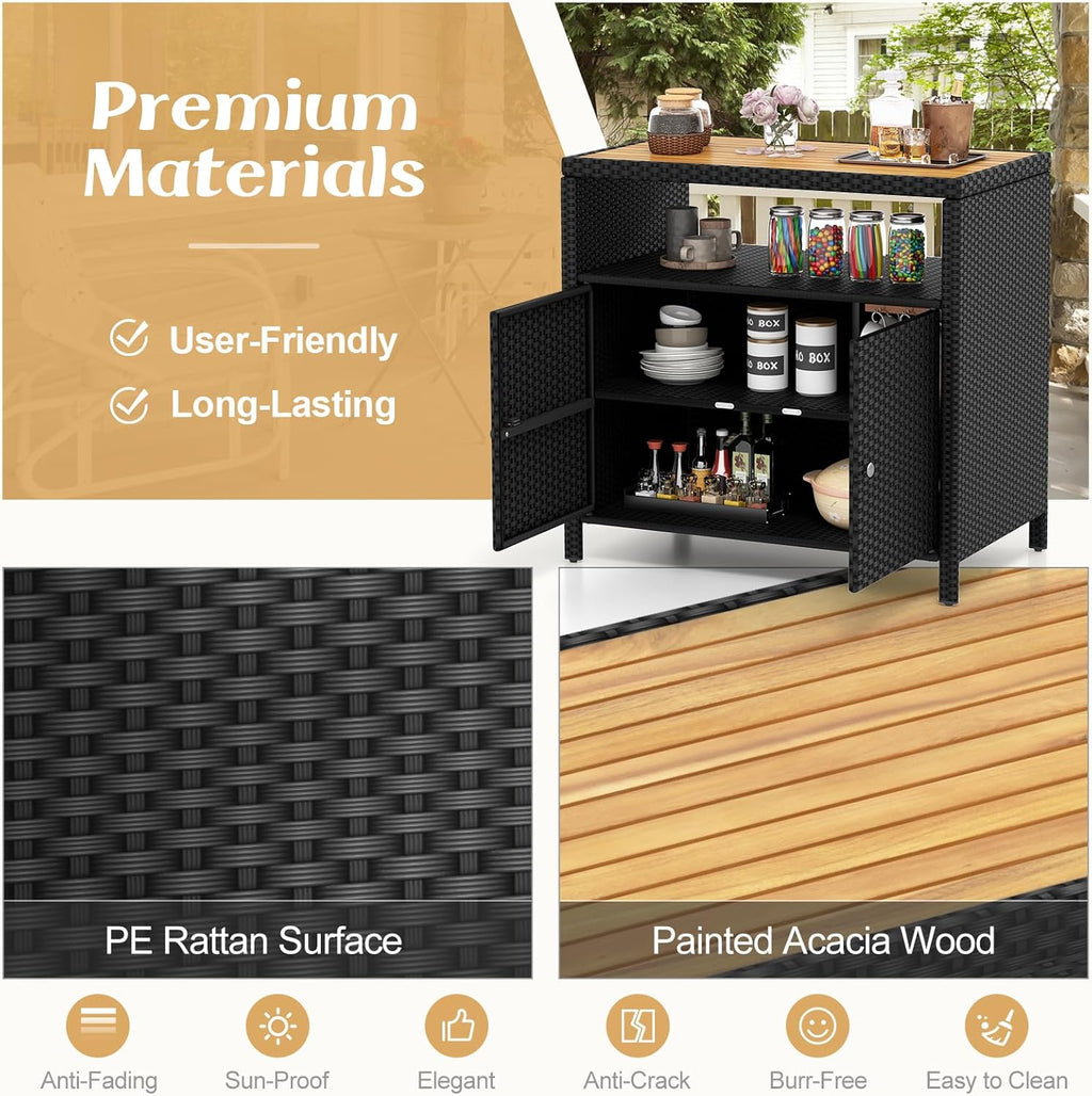 RELAX4LIFE Wicker Outdoor Bar Cabinet - PE Rattan Patio Bar Table w/Acacia Wood Countertop, Open Shelf & 2 Doors, Buffet Sideboard Organizer for Garden Backyard Pool, Outside Storage Cabinet (Black)