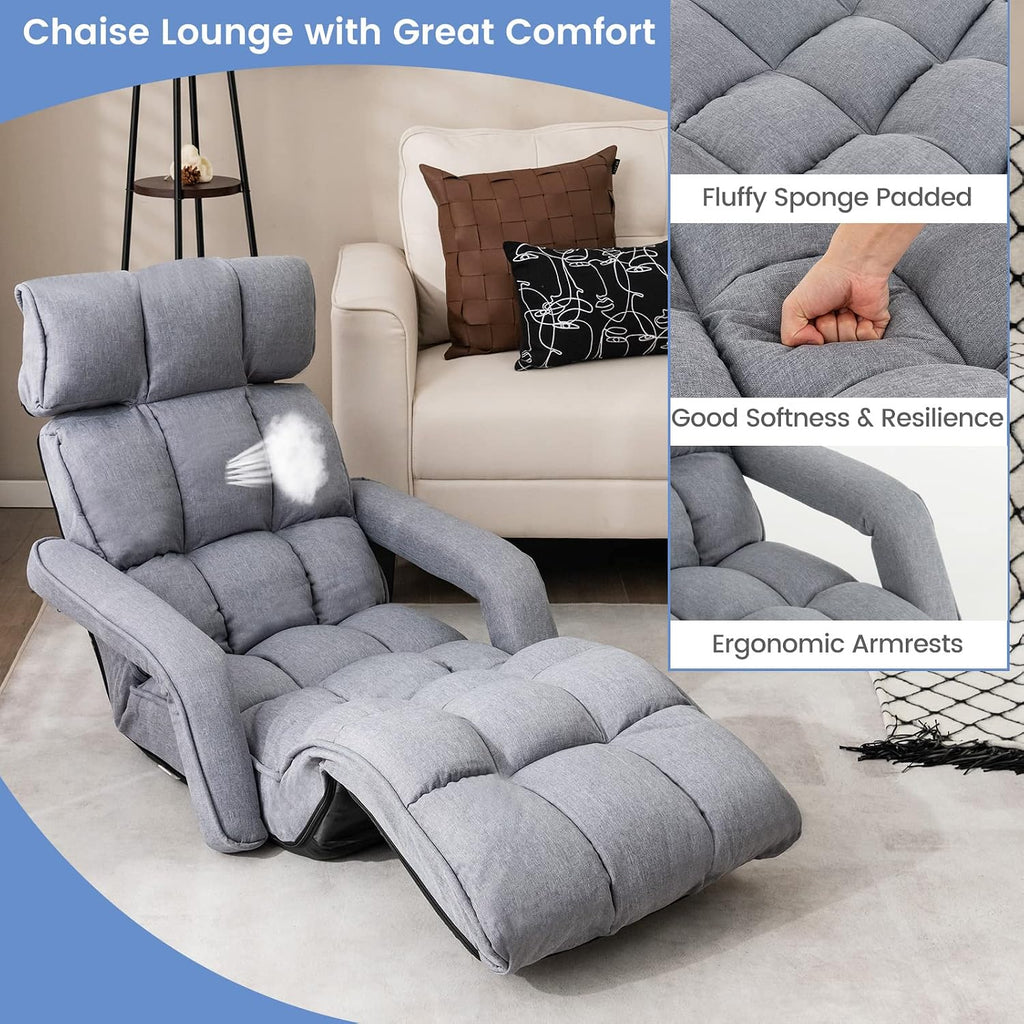 Giantex Foldable Lazy Sofa Bed, 6-Position Adjustable Floor Chair Chaise Lounge with Armrest and Footrest, Padded Gaming Recliner for Reading Living Room Bedroom Indoor (Gray)