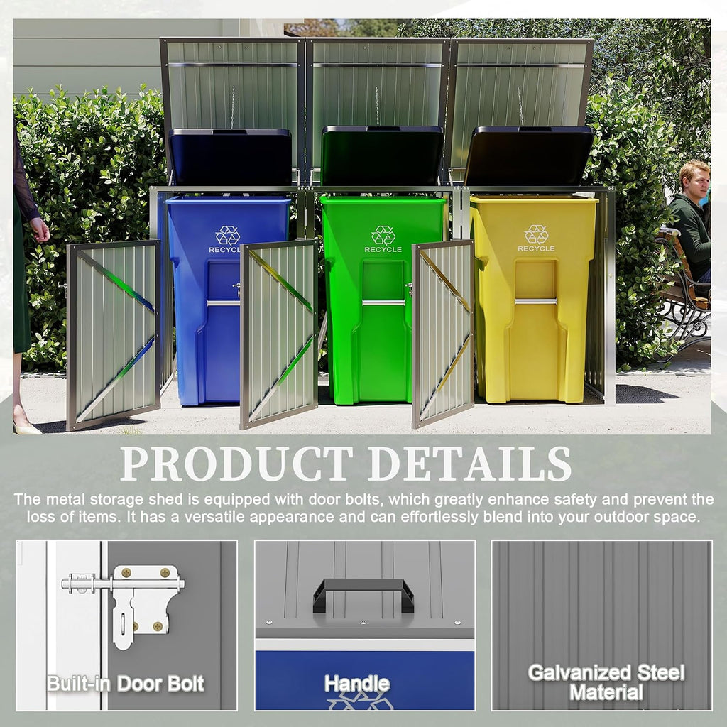 83 Cu Ft Outdoor Storage Shed, Metal Garbage Tool Trash Can Storage, Stainless Galvanized Steel, Pneumatic Support Rod, Bike Storage Shed for 3 Trash Bins (Light Gray+3 Trash Can)