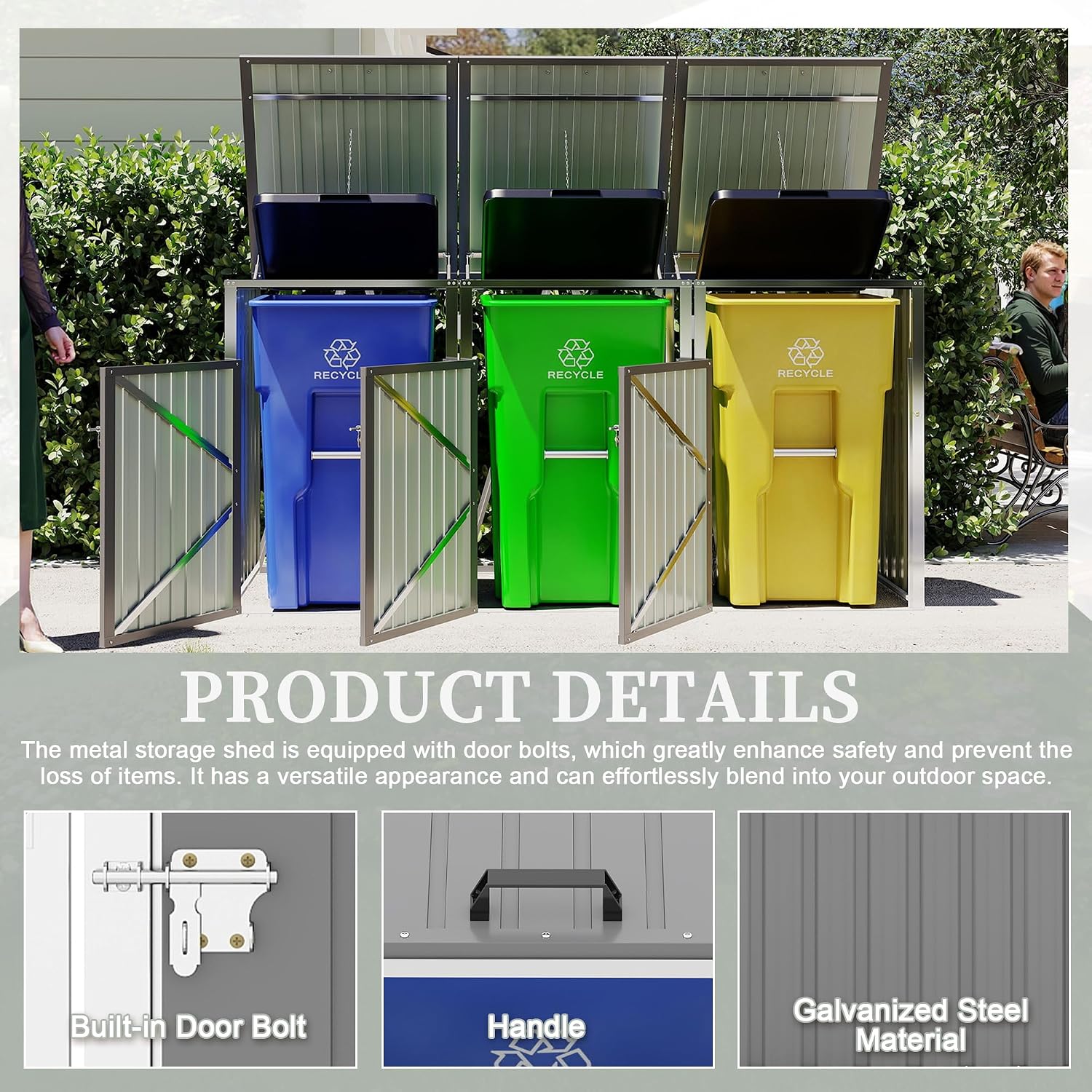 83 Cu Ft Outdoor Storage Shed, Metal Garbage Tool Trash Can Storage, Stainless Galvanized Steel, Pneumatic Support Rod, Bike Storage Shed for 3 Trash Bins (Light Gray+3 Trash Can)