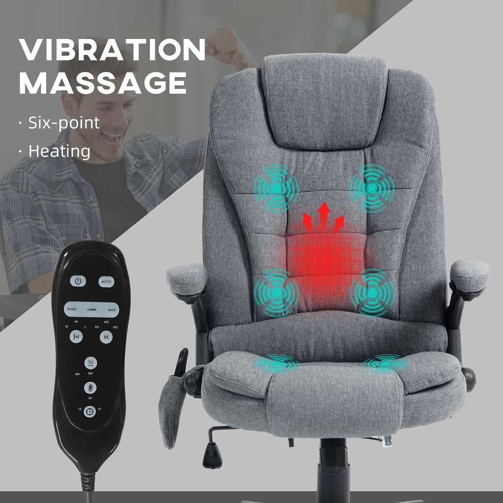 Vinsetto 6 Point Vibrating Massage Office Chair with Heat, Linen High Back Executive Office Chair with Reclining Backrest, Padded Armrests and Remote, Gray