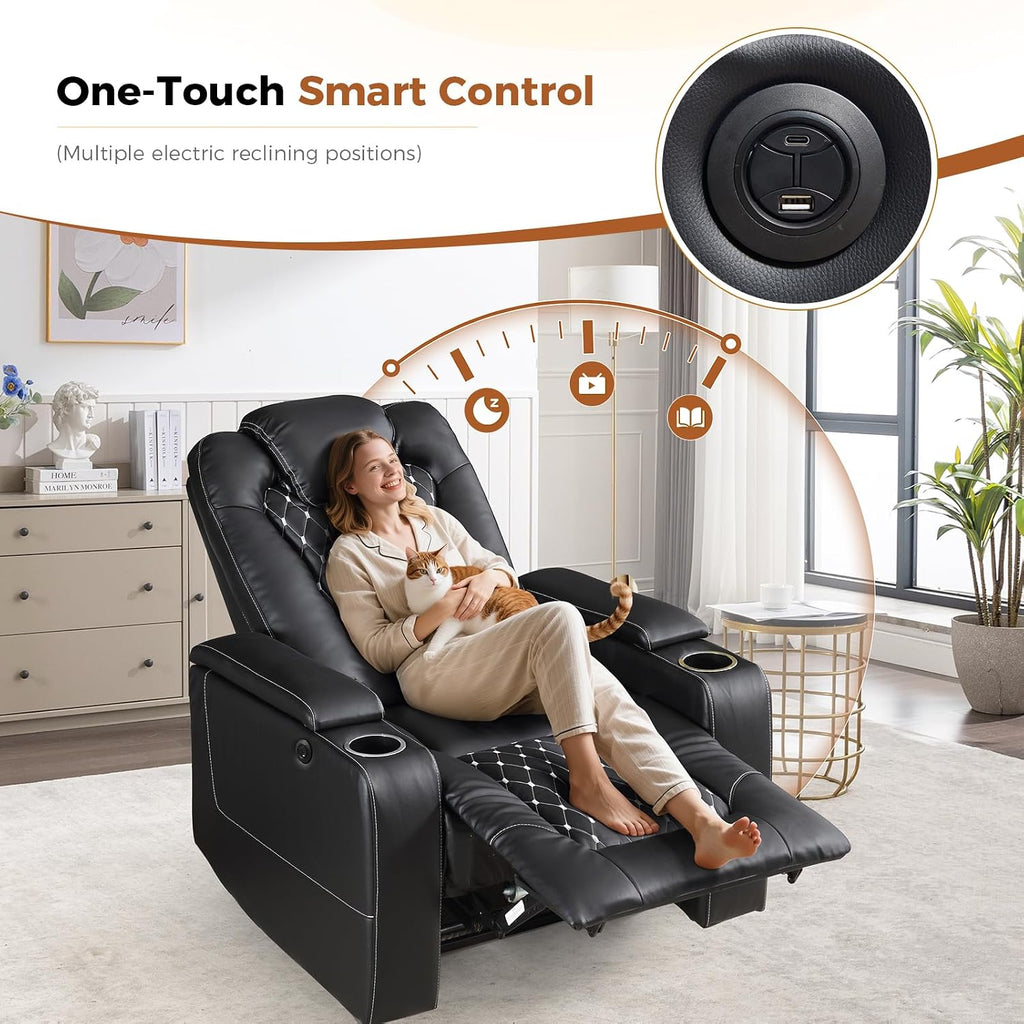 ANJ Power Recliner Chair Set of 4, Electric Soft Faux Leather Reclining Home Theater Seating - USB Ports, Cup Holders, Hidden Arm Storage Movie & Media Room Chairs (Black)