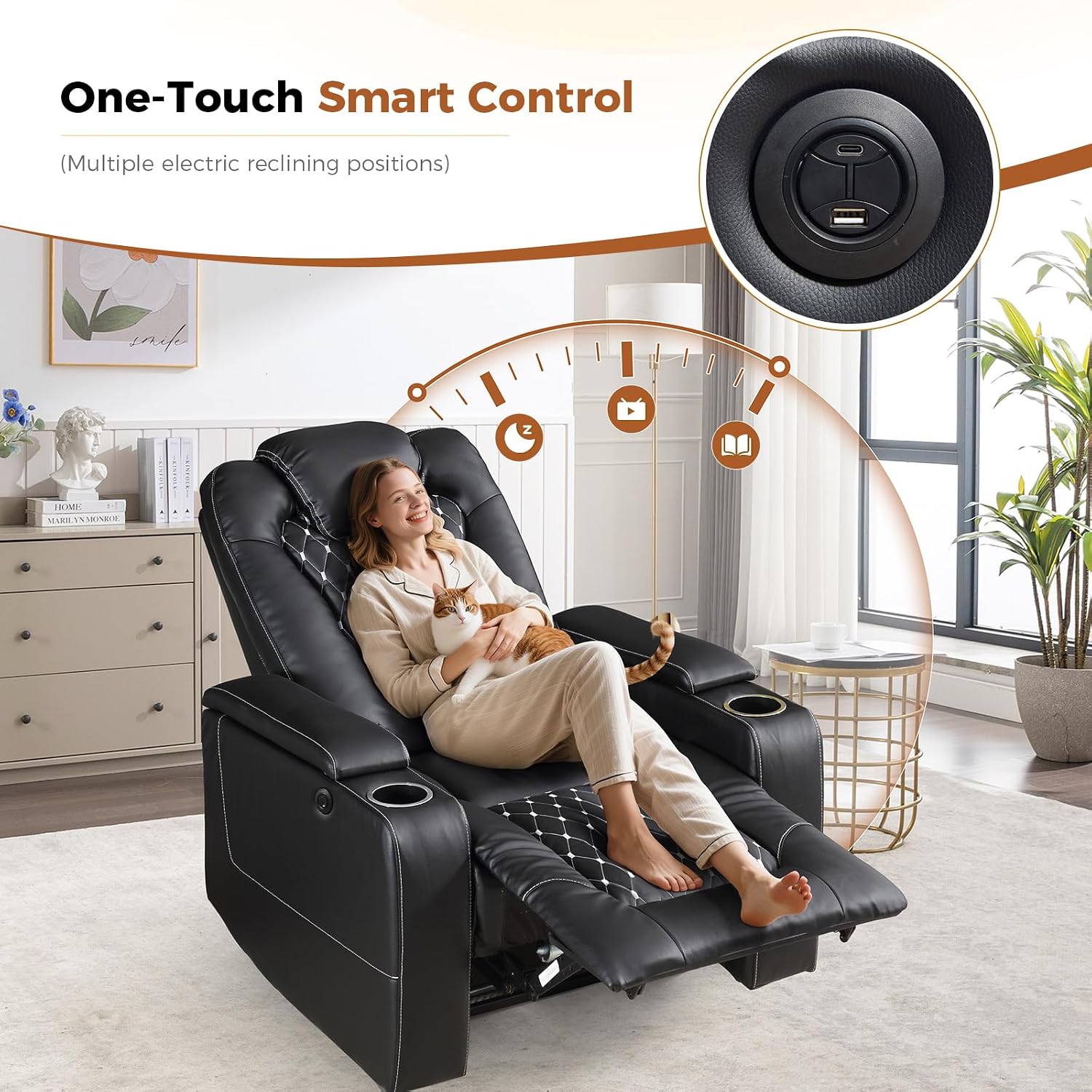 ANJ Power Recliner Chair Set of 4, Electric Soft Faux Leather Reclining Home Theater Seating - USB Ports, Cup Holders, Hidden Arm Storage Movie & Media Room Chairs (Black)