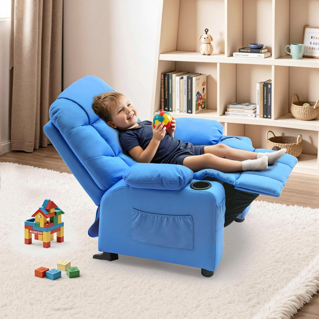 MCombo Big Kids Recliner for Ages 3+, Child Reclining Chair, Toddlers Recliner Sofa with Cup Holders (Faux Leather, Navy Blue)