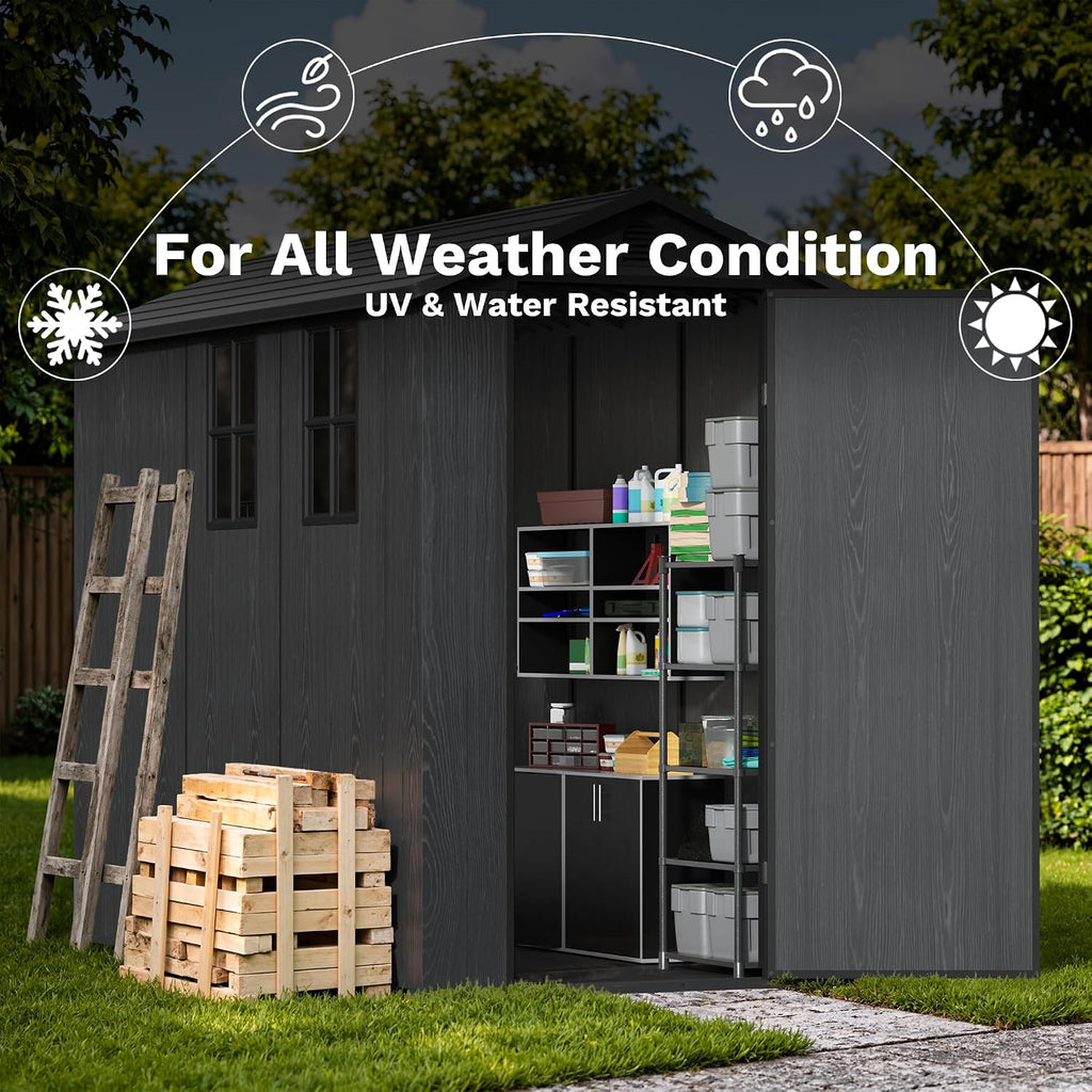 Devoko 4×8 FT Resin Storage Shed with Floor, Garden Plastic Outdoor Shed with Window and Lockable Door, Waterproof Outside Tool shed for Backyard Patio, Dark Grey