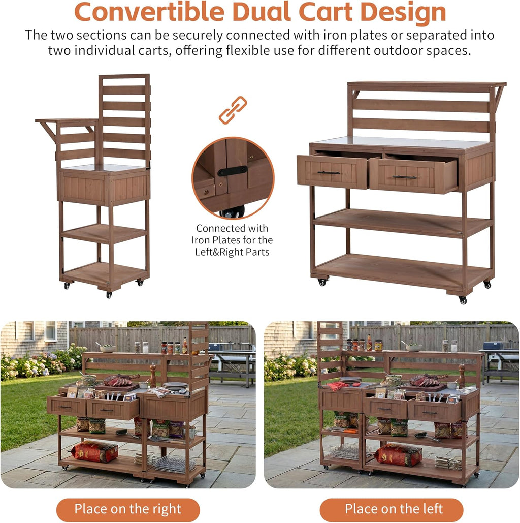 LUMISOL 4-Piece Outdoor Rolling Kitchen Island with Sink and Faucet, Grill Table with Movable Shelves and 2 Drawers, Garden Potting Bench Table with Stainless Table Top, for Patio Backyard, Brown