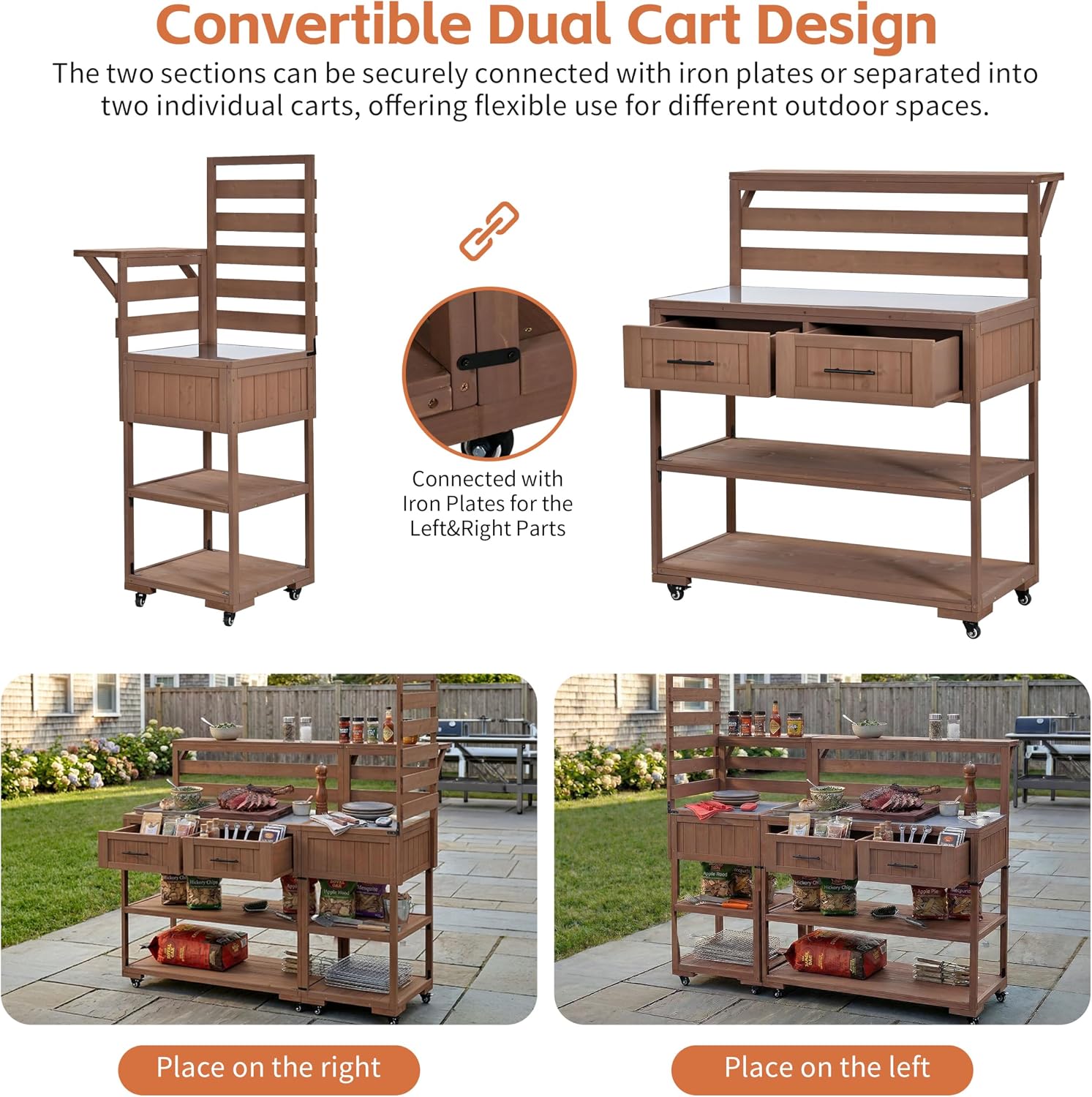 LUMISOL 4-Piece Outdoor Rolling Kitchen Island with Sink and Faucet, Grill Table with Movable Shelves and 2 Drawers, Garden Potting Bench Table with Stainless Table Top, for Patio Backyard, Brown