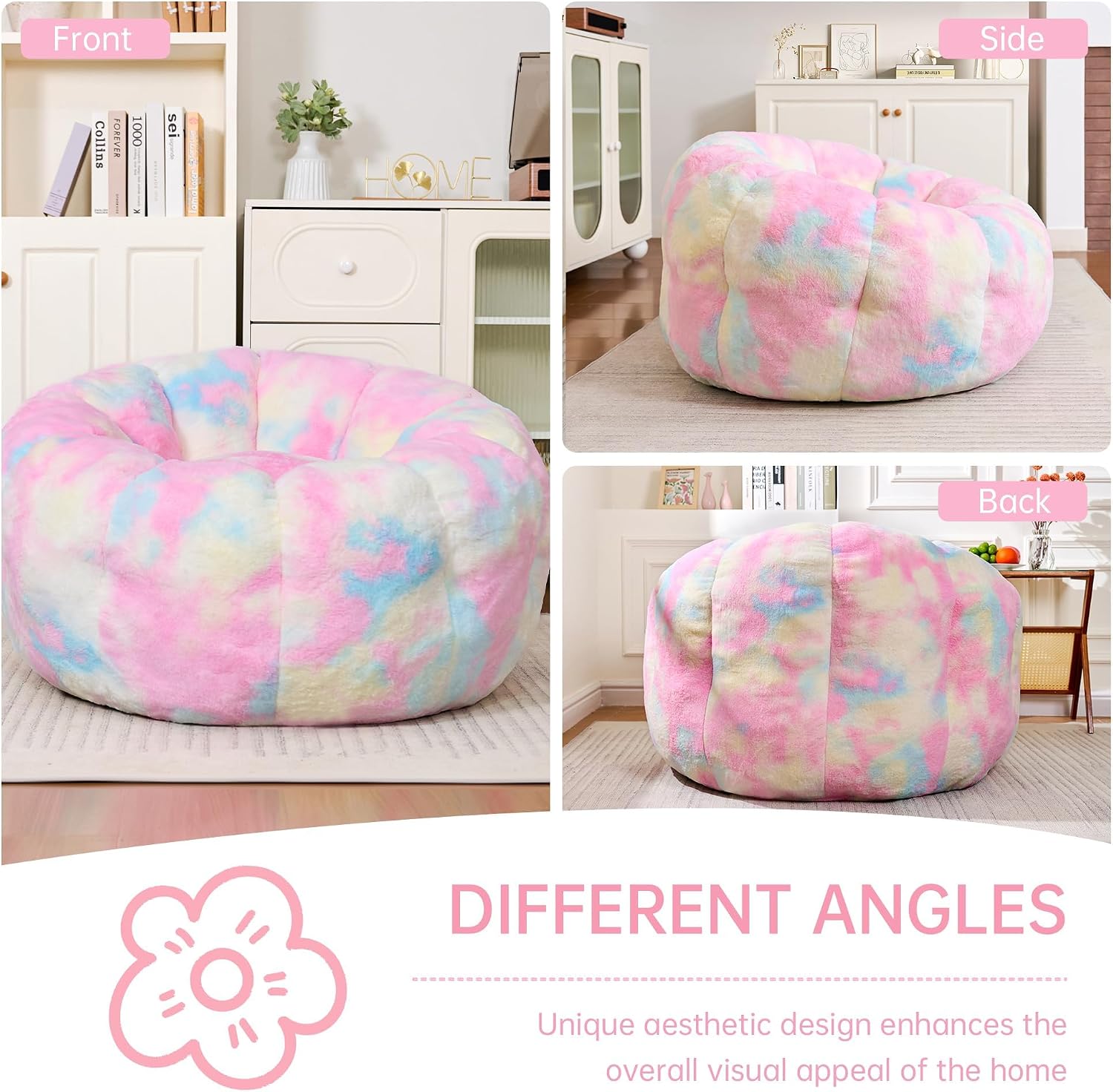 Cvortll Bean Bag Chair, Floral Shaped Beanbag, Faux Fur Adult Teen Kids Comfy Chair with Petal Armrest Chair, Bean Bag Couch for Bedroom, Living Room, Dorm, Game (Colorful)