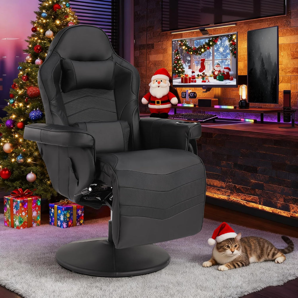 Massage Gaming Recliner Chair with Cup Holder & Side Pockets – Ergonomic PU Leather Video Gaming Chair with Footrest, Manual Recline, Headrest & Lumbar Support for Office or Game Room (Black)