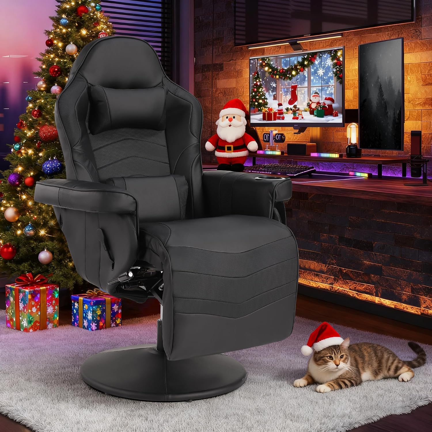 Massage Gaming Recliner Chair with Cup Holder & Side Pockets – Ergonomic PU Leather Video Gaming Chair with Footrest, Manual Recline, Headrest & Lumbar Support for Office or Game Room (Black)