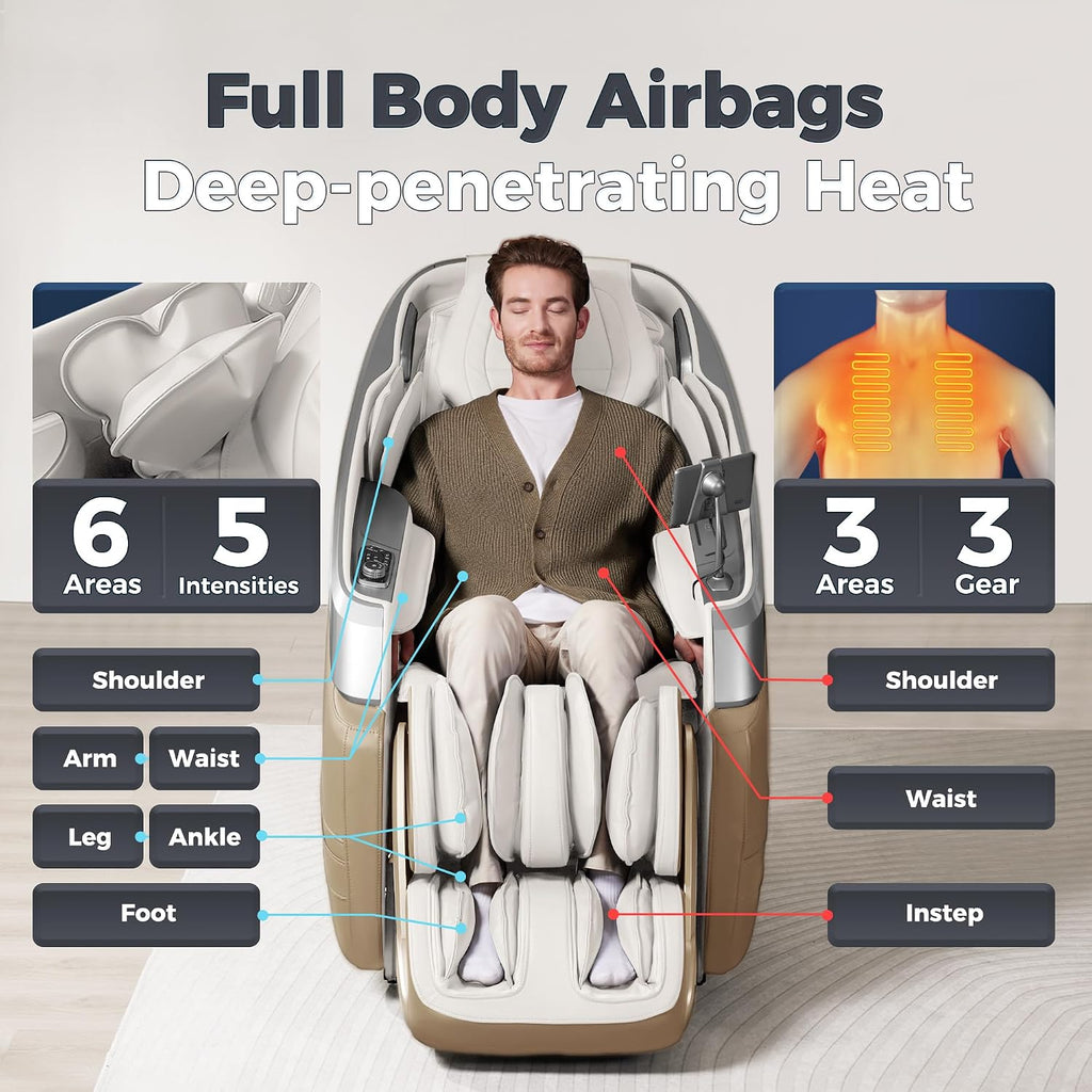 iBooMas 4D Massage Chair, IBM-P03 Full Body Massage Chair with Touchscreen, AI Voice & APP Control, Wireless Charger, Leg Roller, Auto Leg Extension, Heated Back, Waist, and Feet (Beige)