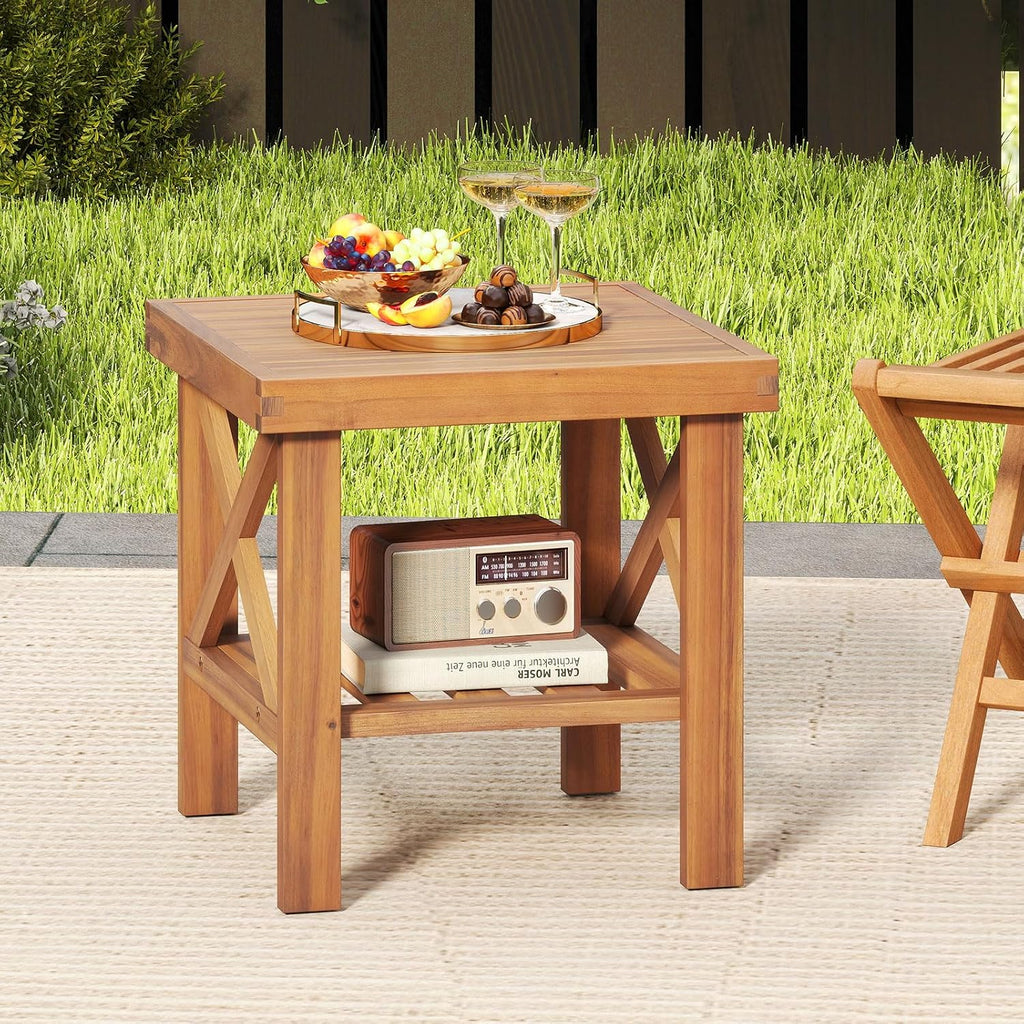 Tangkula Outdoor Side Table, 2-Tier Acacia Wood Adirondack Bistro Small Square Patio Table with Slatted Tabletop & Storage Shelf, for Yard, Deck, Garden, Poolside (2)