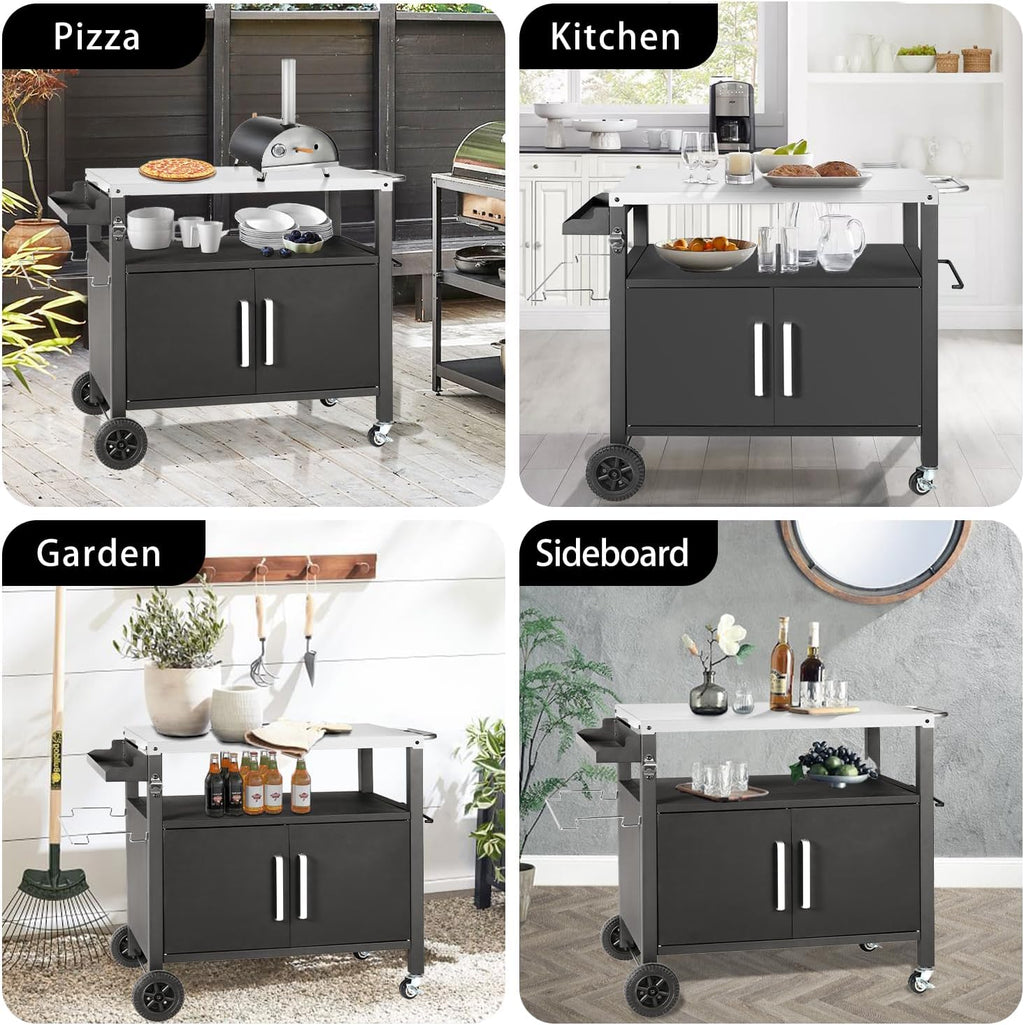 Kendane Grill Cart Table with Big Storage Cabinet, Movable Outdoor Dining Cart Pizza Oven Stand, Kitchen Cart Island Multifunction Food Prep Table Stainless Steel Surface