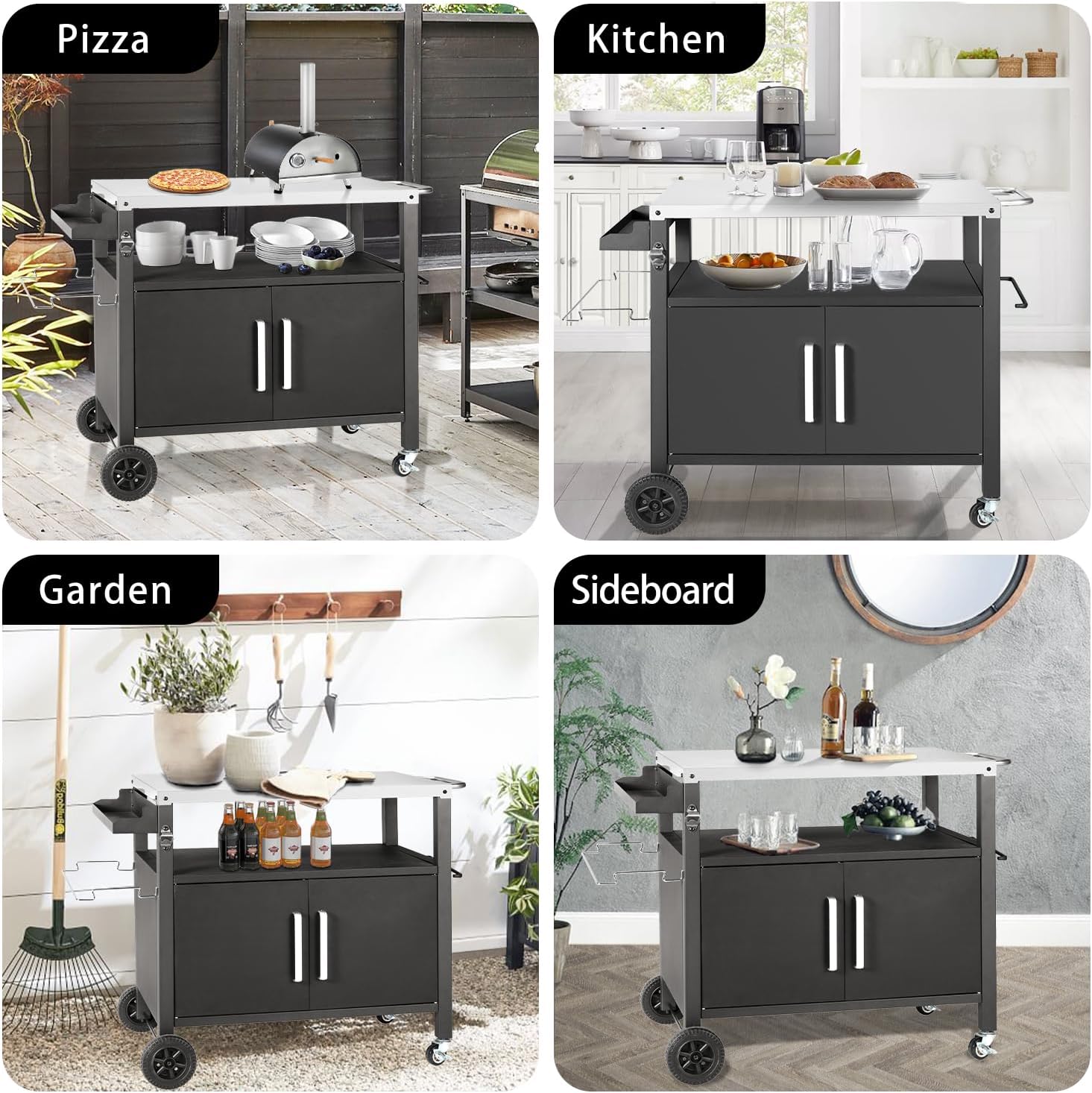 Kendane Grill Cart Table with Big Storage Cabinet, Movable Outdoor Dining Cart Pizza Oven Stand, Kitchen Cart Island Multifunction Food Prep Table Stainless Steel Surface
