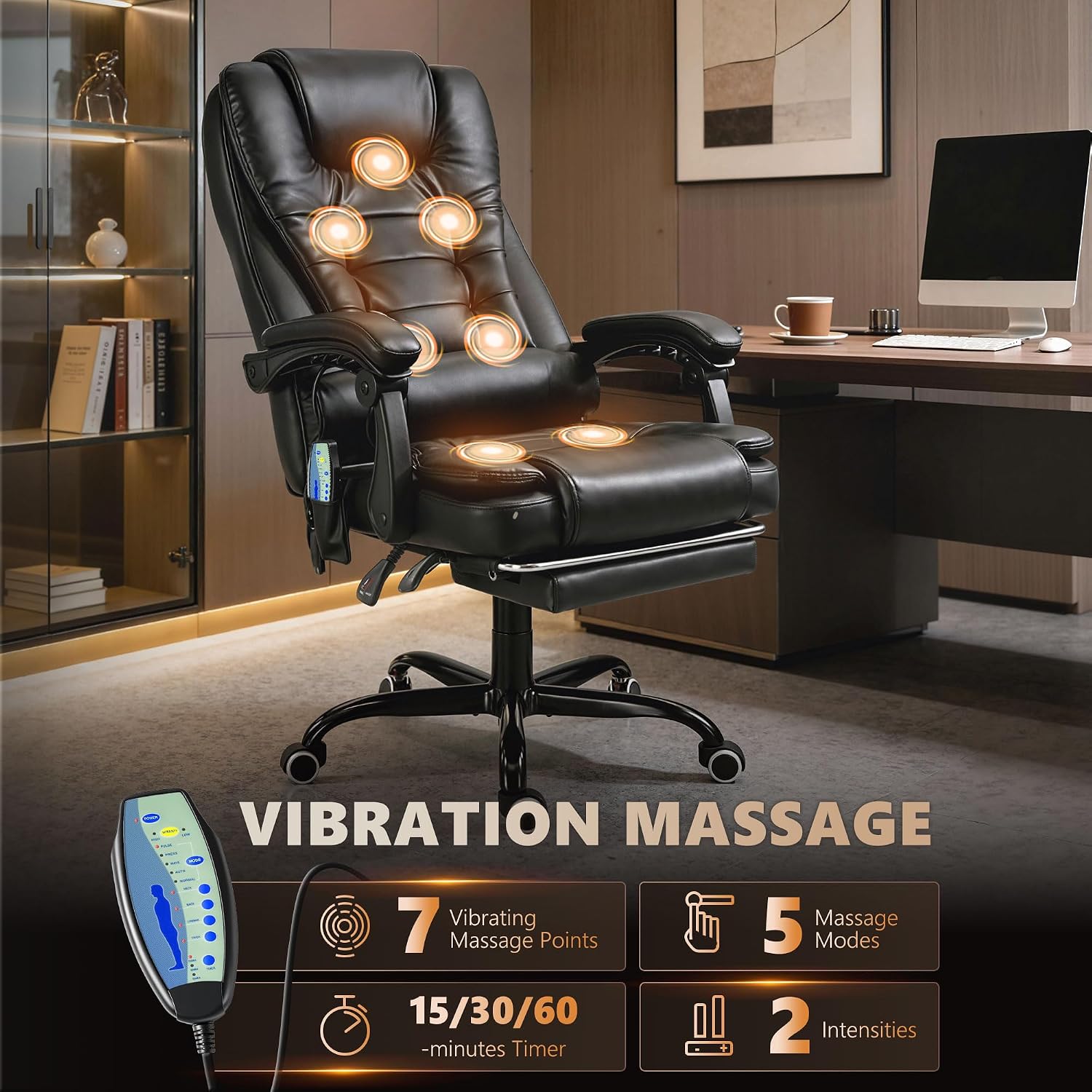 Vinsetto 7-Point Vibrating Massage Office Chair, High Back Computer Chair with Lumbar Support, Footrest, Reclining Back, Adjustable Height, Black