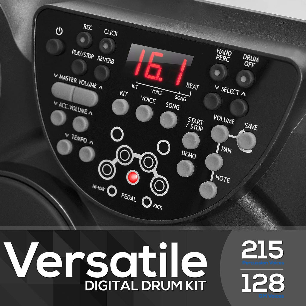 Pyle Electronic Tabletop Digital Drum Set, Compact Portable Drum Pad Kit w/ 8 Touch Sensitive Pads and Pedals, 600 Sounds, USB & Headphone Outputs, MIDI/AUX Inputs, 4x5' Drums & 4x3.5' Cymbals