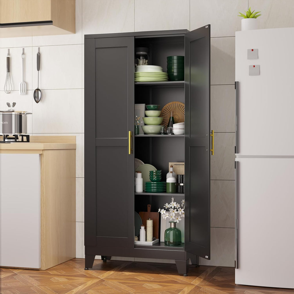 pozdeg Metal Storage Cabinet - 61' Tall Steel File Cabinets with 2 Doors and 3 Adjustable Shelves Versatile Storage Pantry Cabinet for Home Office Warehouse Garage or Outdoor (Black)