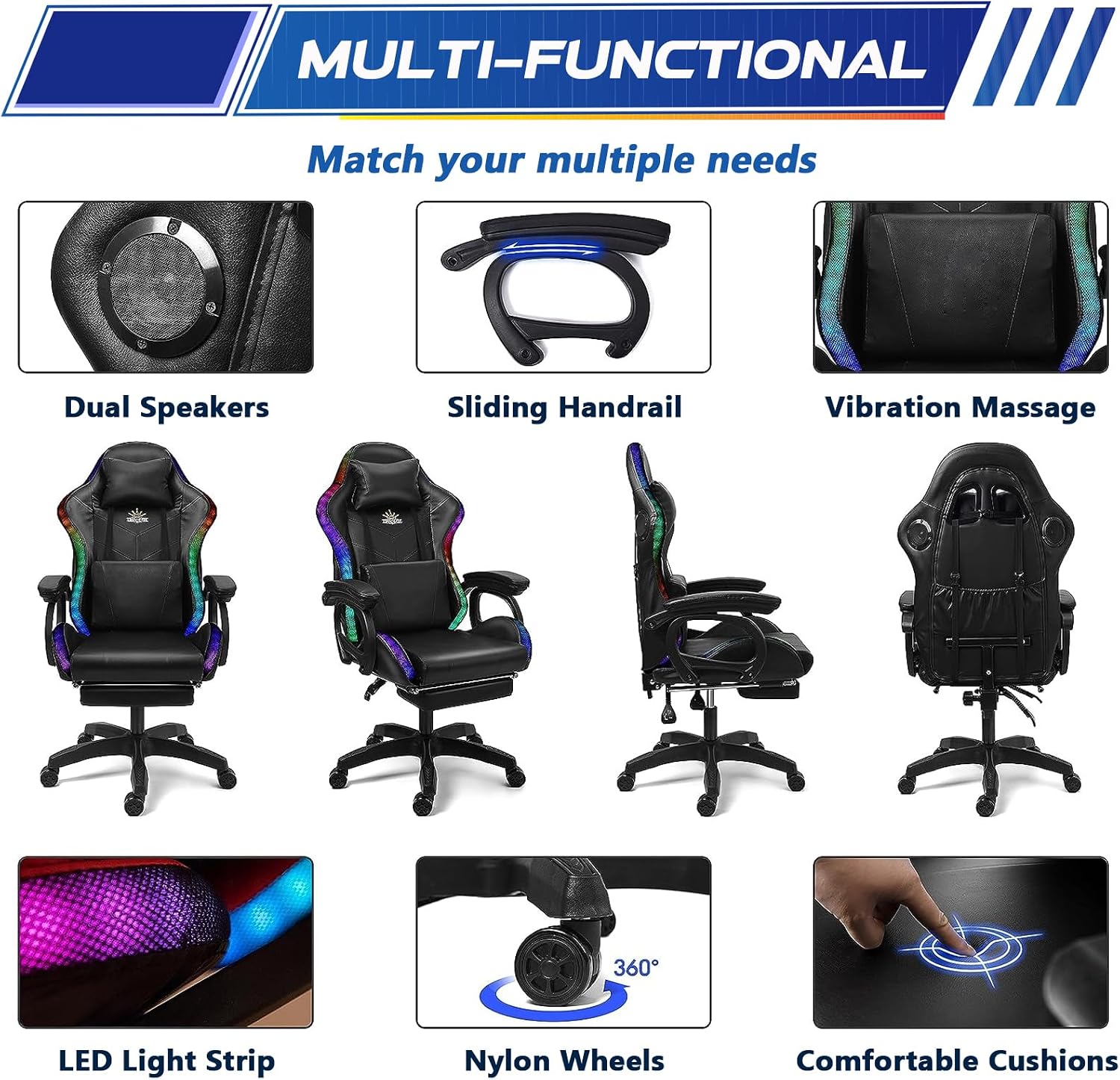 RGB Gaming Chair with Massage and Footrest Large Ergonomic Computer Desk Chair Video Gaming Chair with Speakers and Lumbar Support Height & Angles Adjustable Reclining Gamer Chair,Red