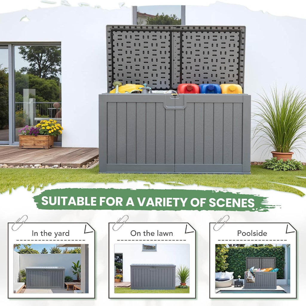 Greesum 230 Gallon HDPE Outdoor Storage Box with Removable Dividers, Weatherproof Oversized Deck Box for Patio, Garage, Garden, Gray