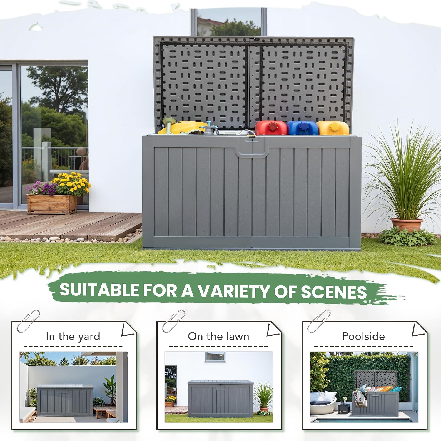 Greesum 230 Gallon HDPE Outdoor Storage Box with Removable Dividers, Weatherproof Oversized Deck Box for Patio, Garage, Garden, Gray